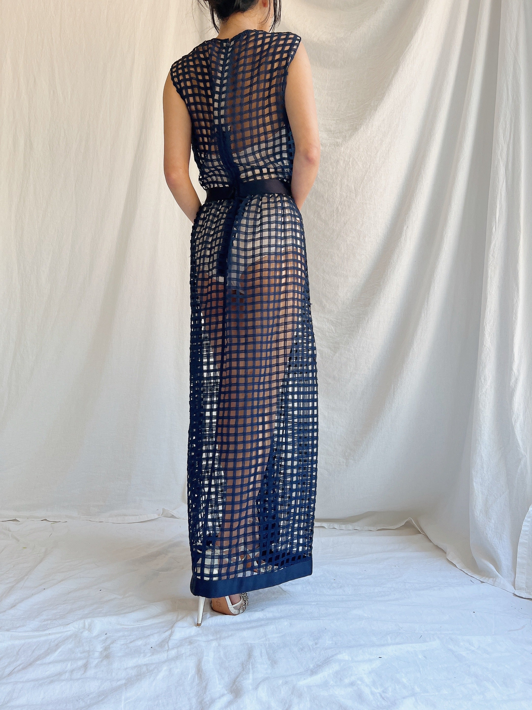 1960s Navy Blue Silk Woven Dress - S/M