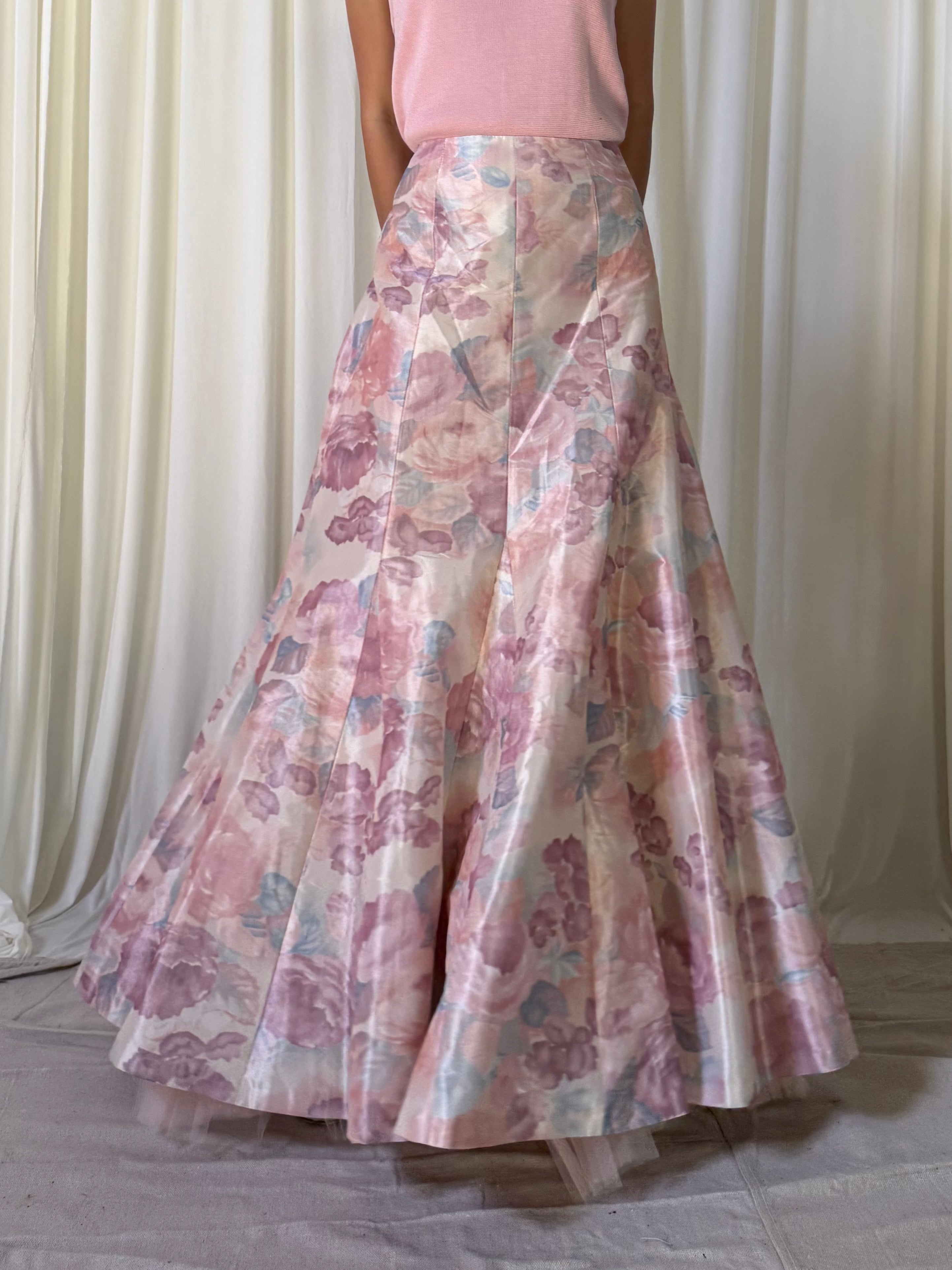 Vintage Paul Vasseur Pink Taffeta Floral Skirt - Size 44