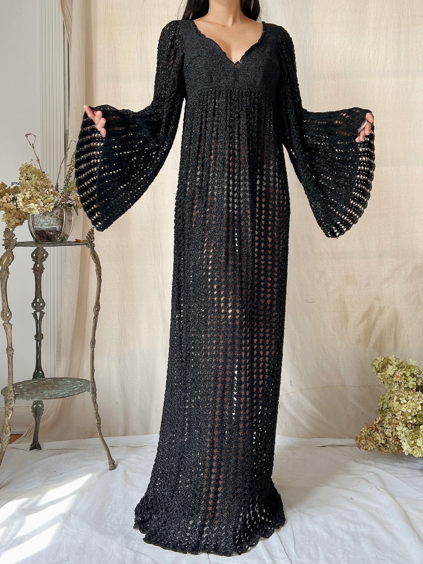 Vintage OOAK Shimmer Hand-Crochet Angel Sleeve Gown - S/M
