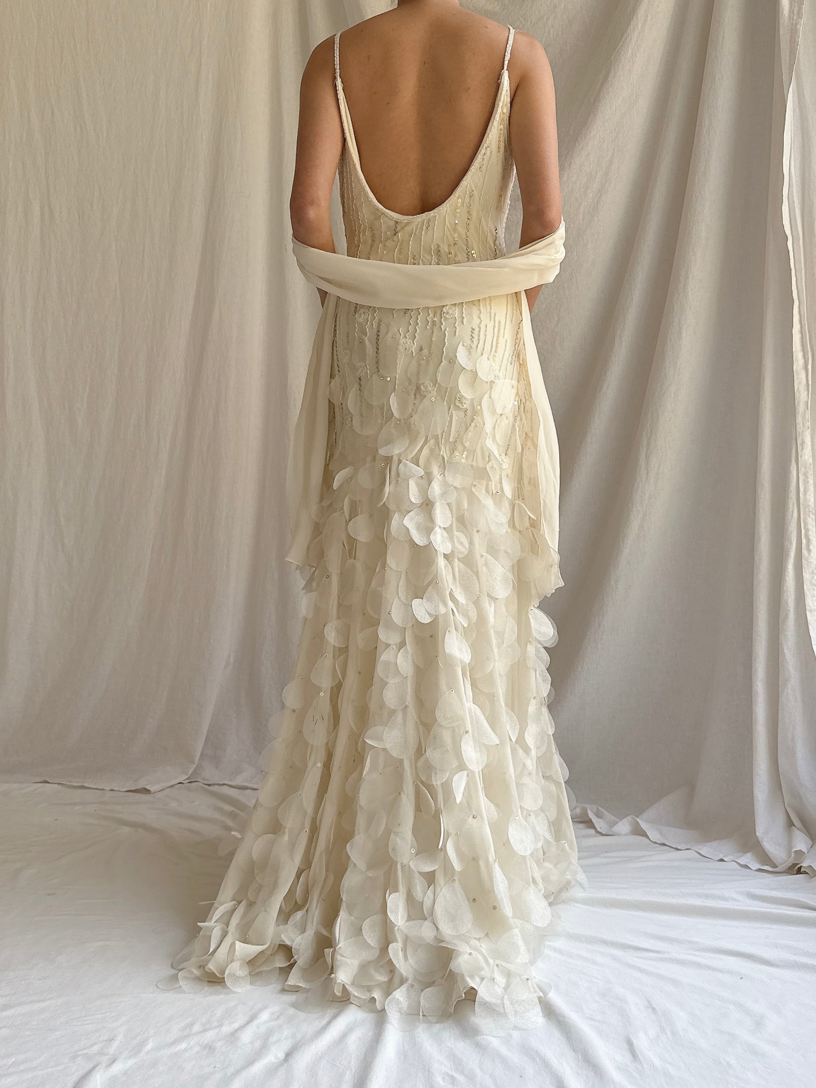 Vintage Ivory Silk Chiffon Gown with Shawl - S/M