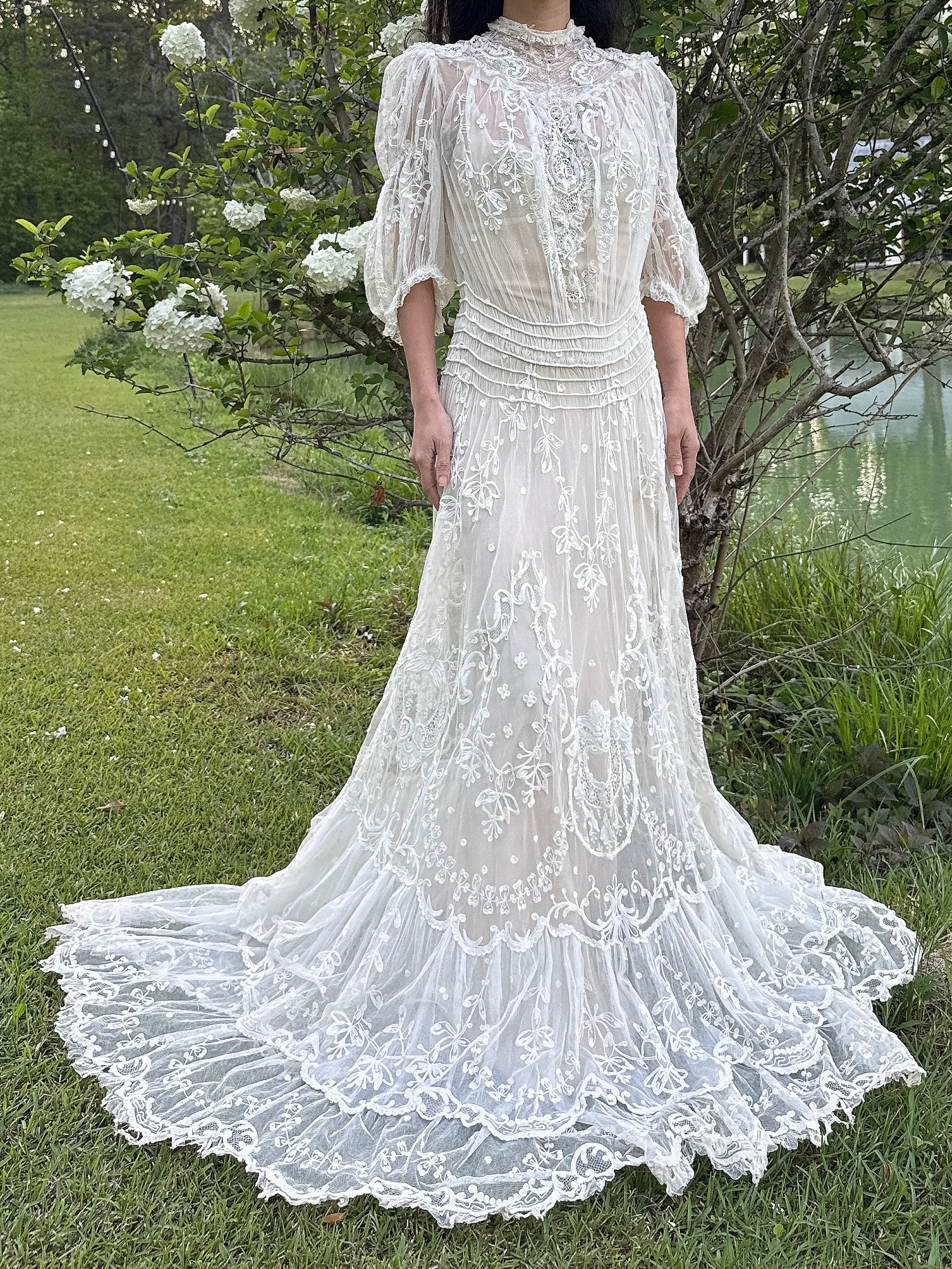 Rare Antique Tambour Lace Gown - S