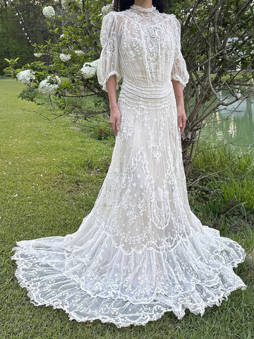 Rare Antique Tambour Lace Gown - S
