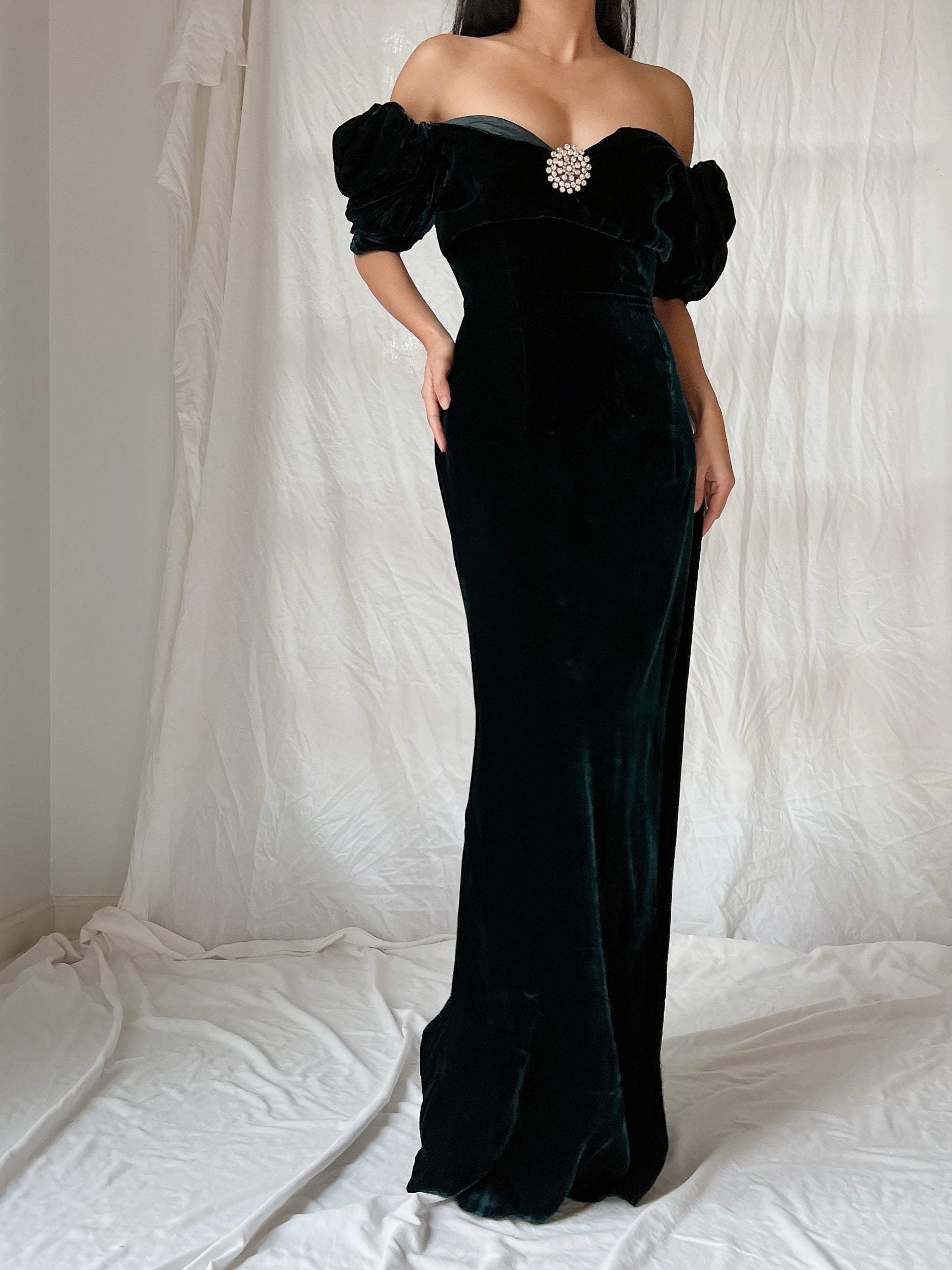 Vintage Teal Velvet Puff Sleeve Dress - XS/S