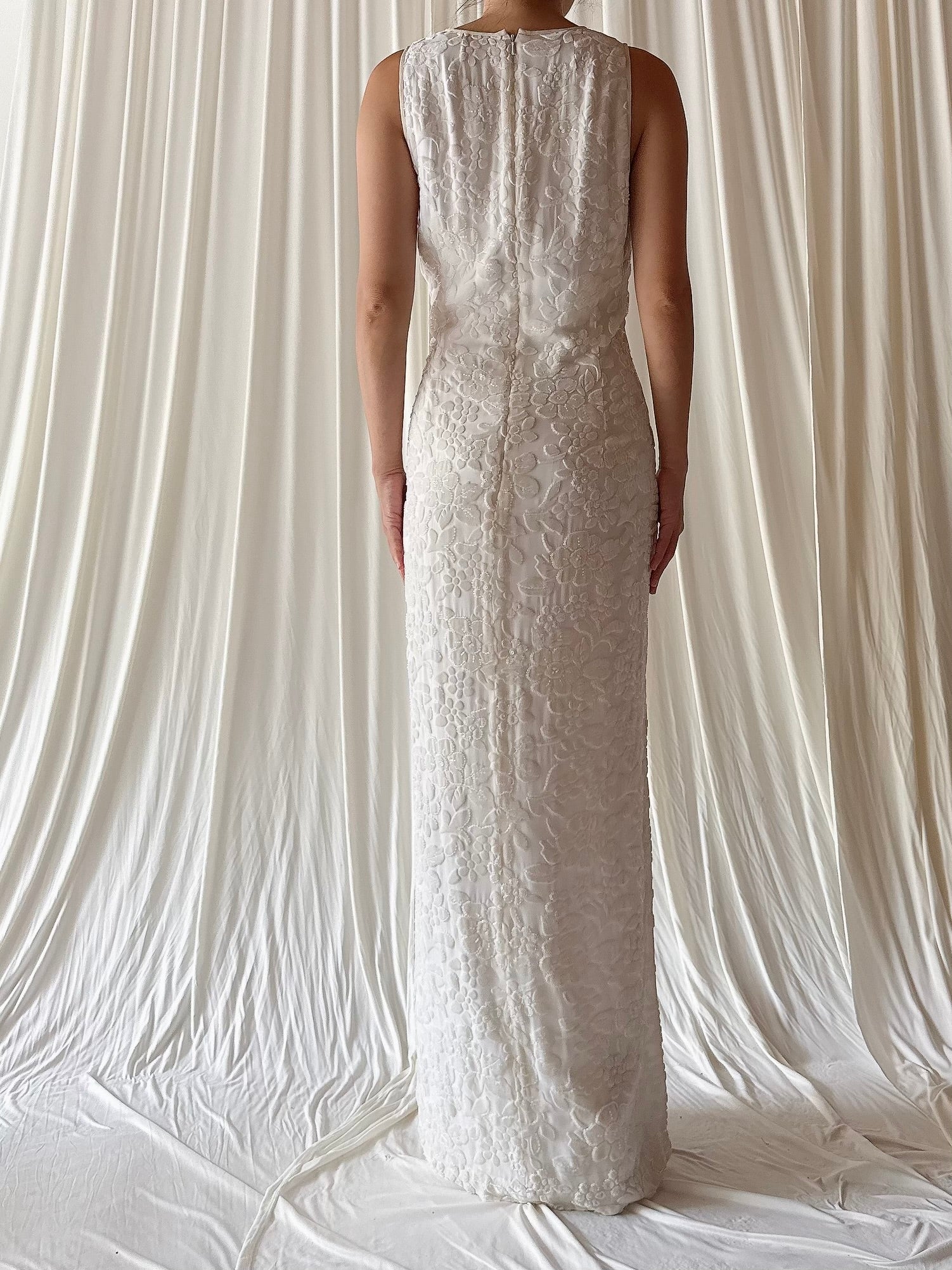 1990s Devore Rayon Silk Beaded Shift Dress - Size 8