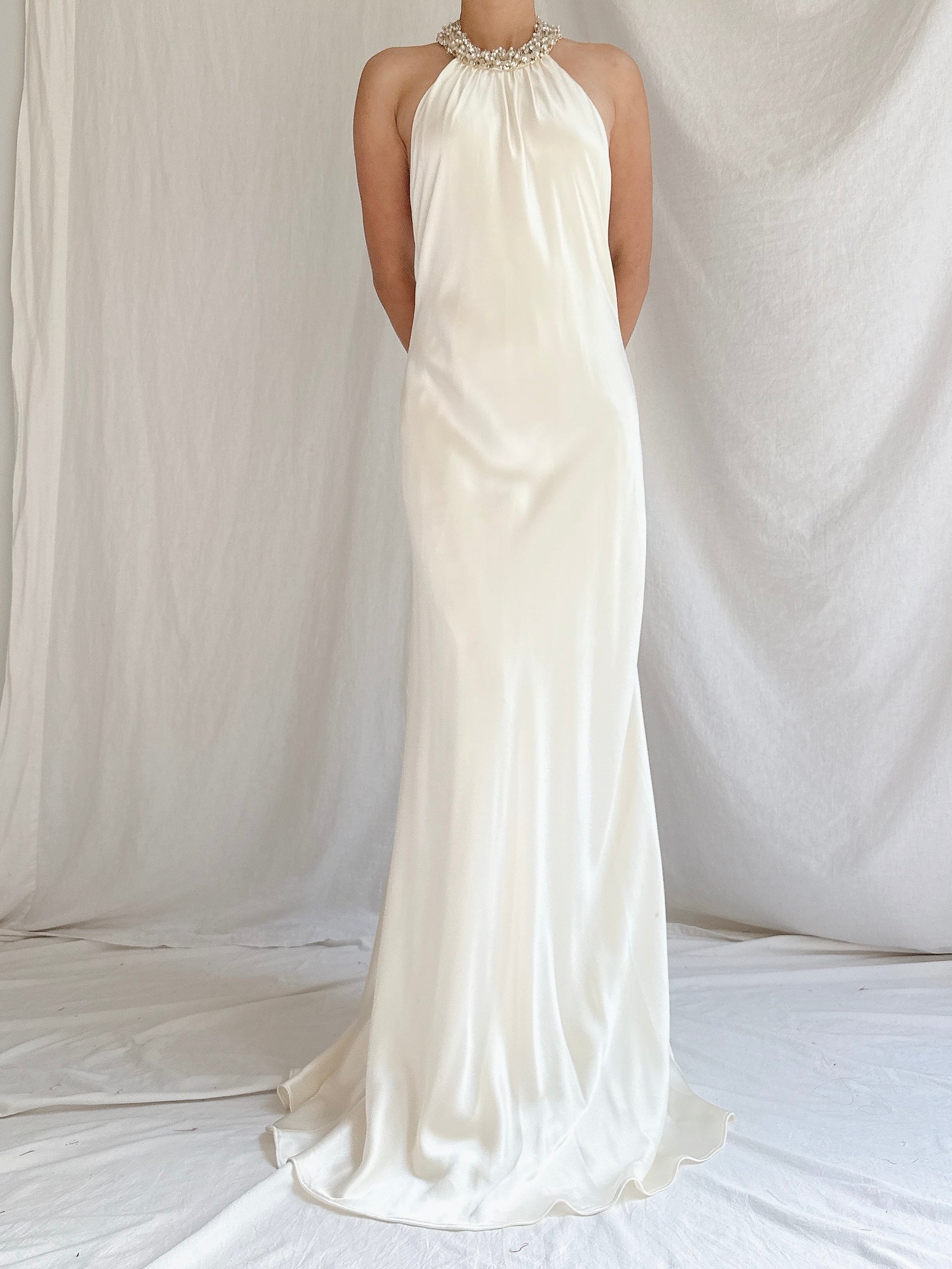 Vintage Satin Beaded Collar Gown - M