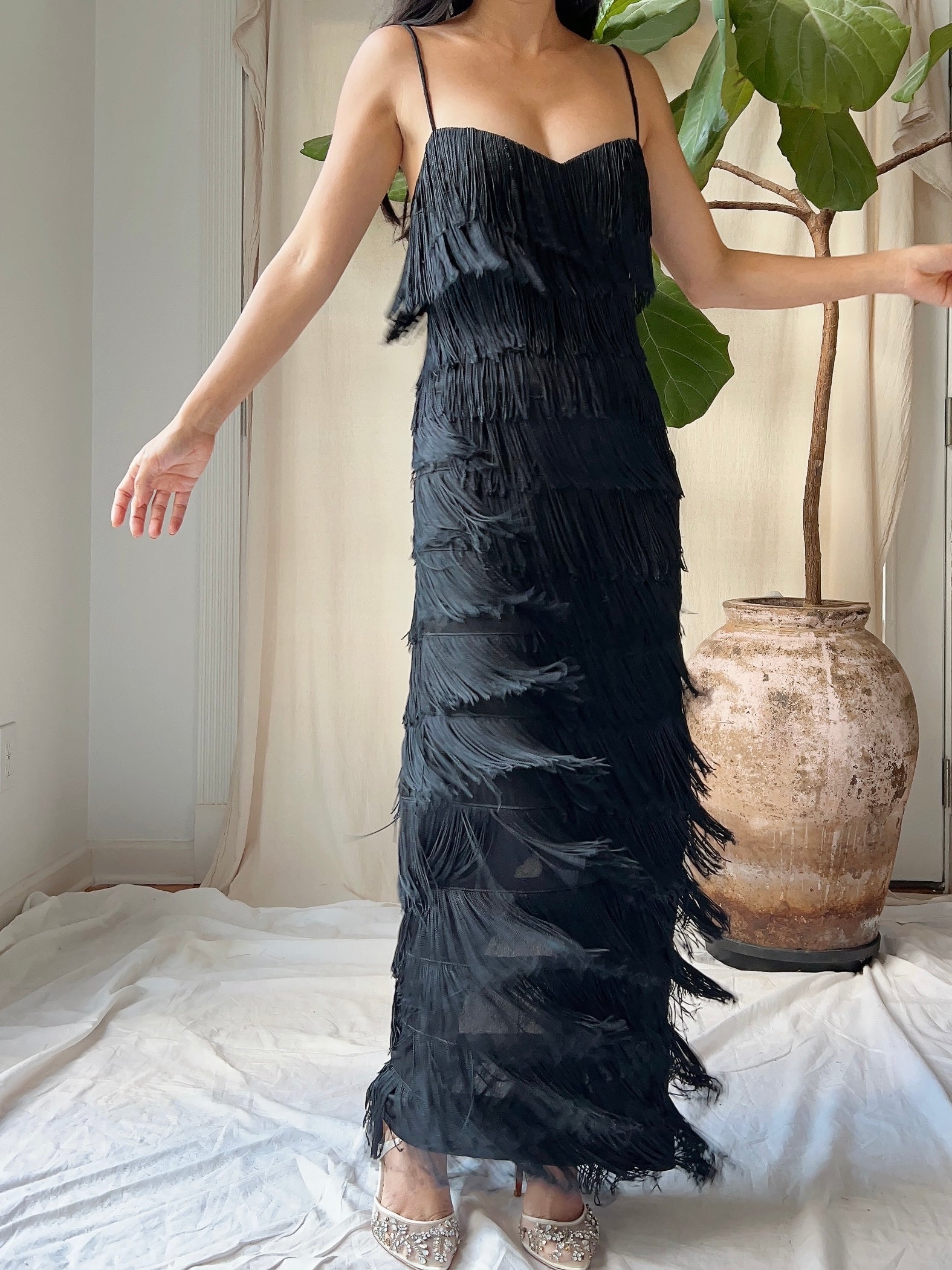 1970s Black Fringe Tiered Dress - M