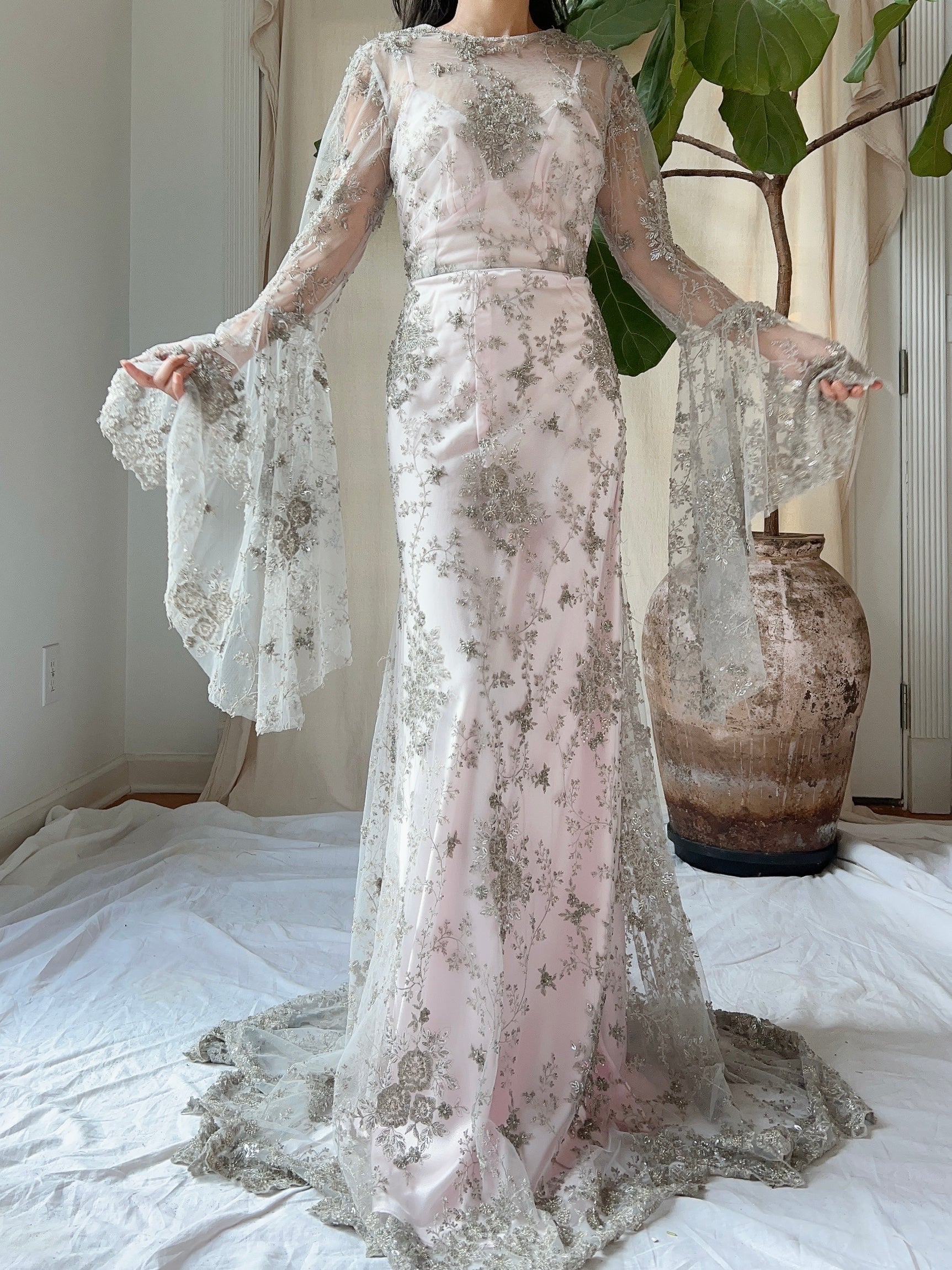 Angel Sleeves Gray Beaded Gown - S/M
