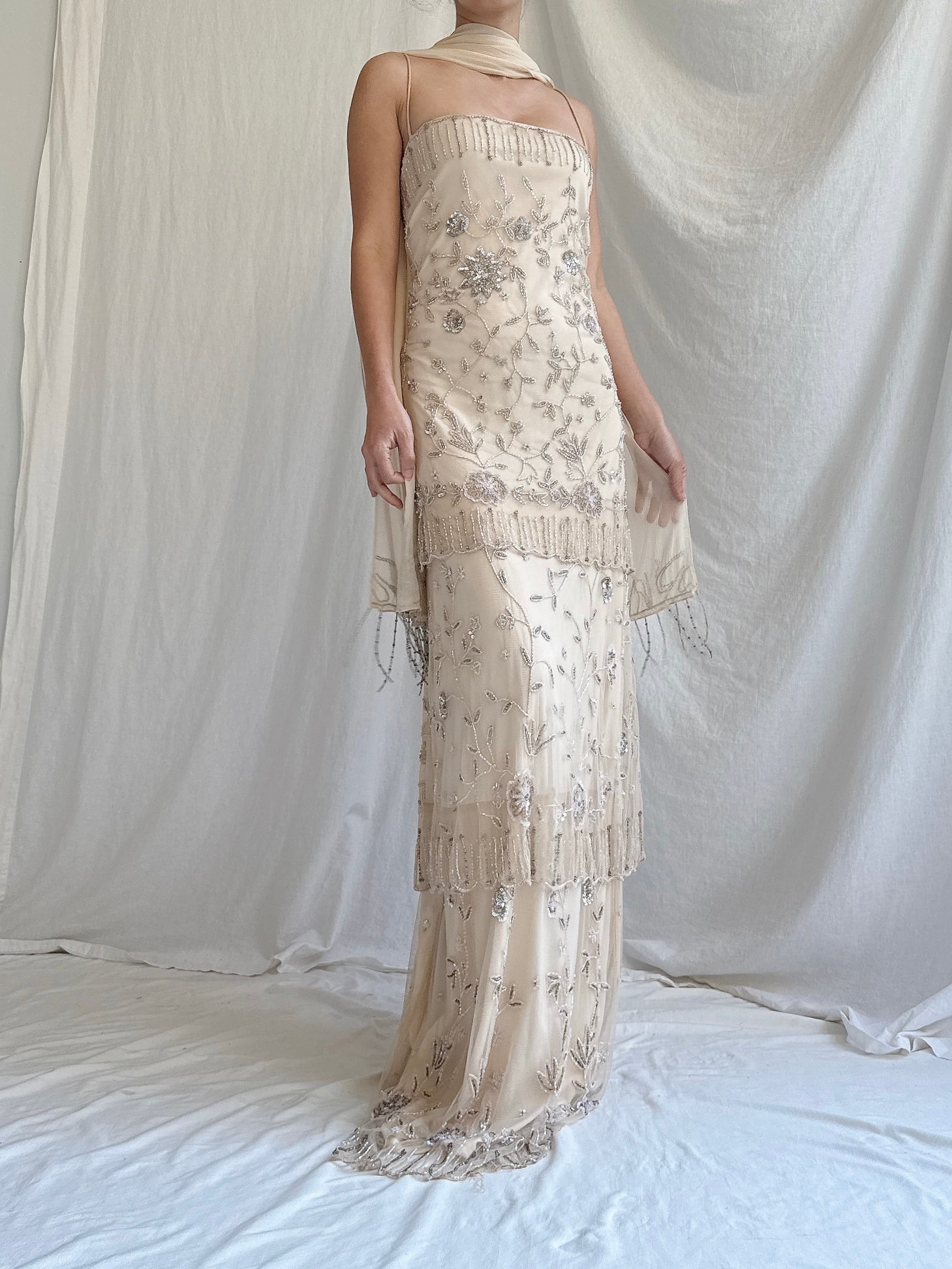 Vintage Ecru Tulle Beaded Tiered Column Gown with Silk Scarf - L