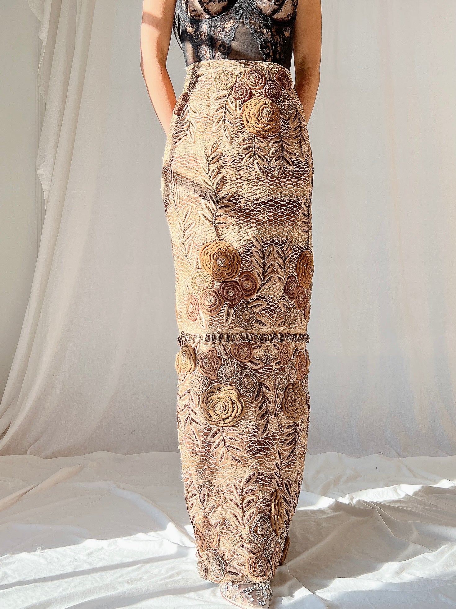 Vintage Italian Metallic Embroidered Skirt - M