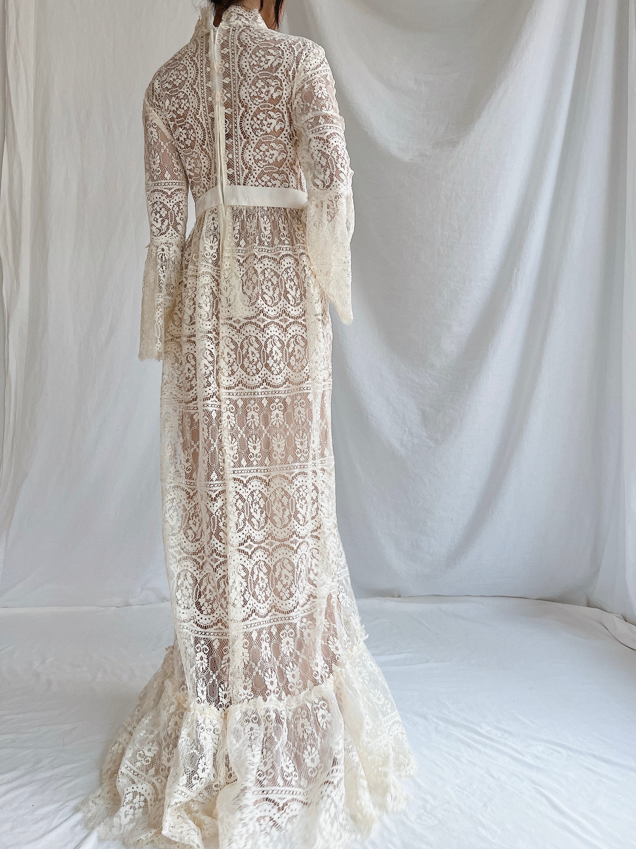 1970s Sheer Filet Lace Gown - M