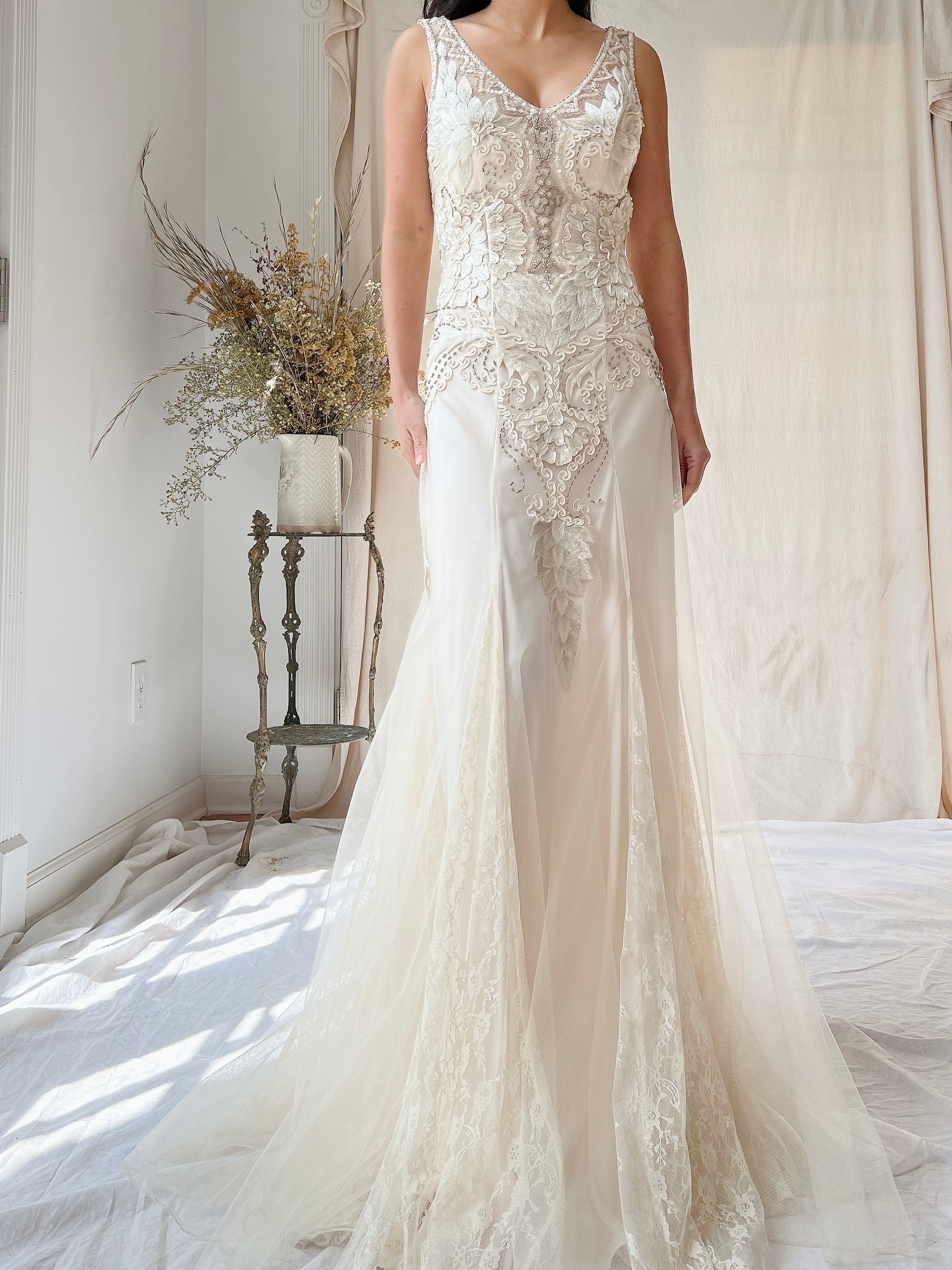Vintage Embroidered Silk and Tulle Gown - S/4