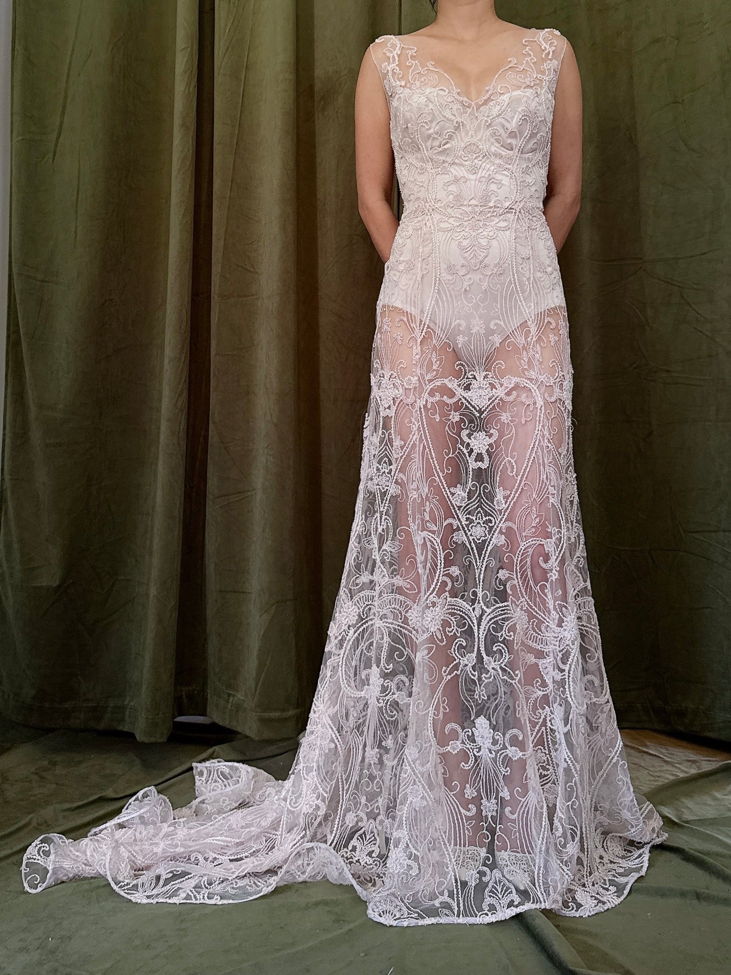 00 Light Pink Sheer Beaded Gown - M