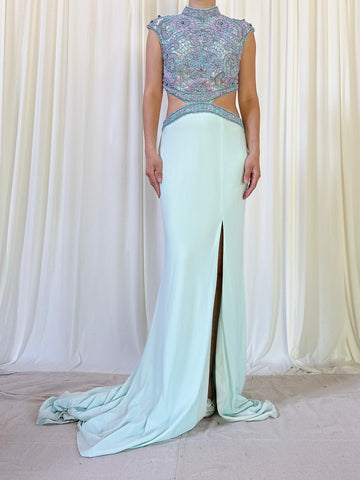Vintage Marinelli Jersey Teal Beaded Dress S