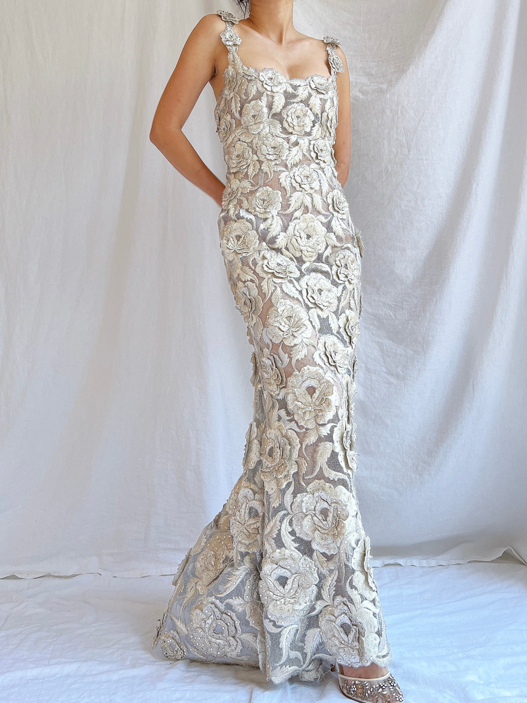 Vintage Fe Zandi Couture Metallic Rose Embroidered Dress - S/4