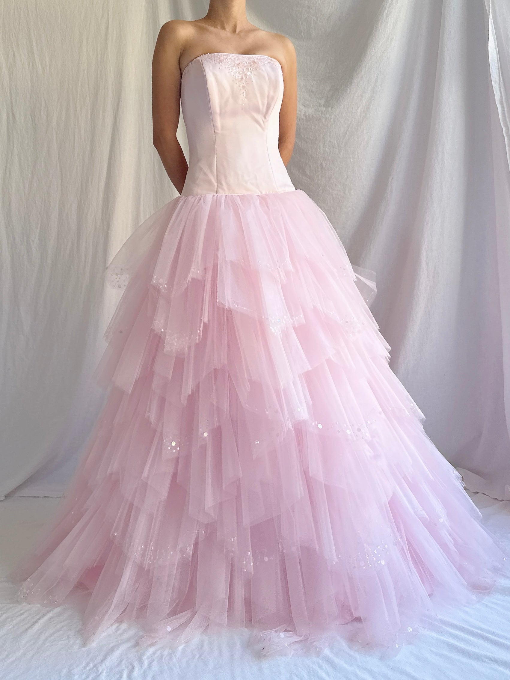 1990s Maggie Sotero Satin Tiered Dress - M/4-8