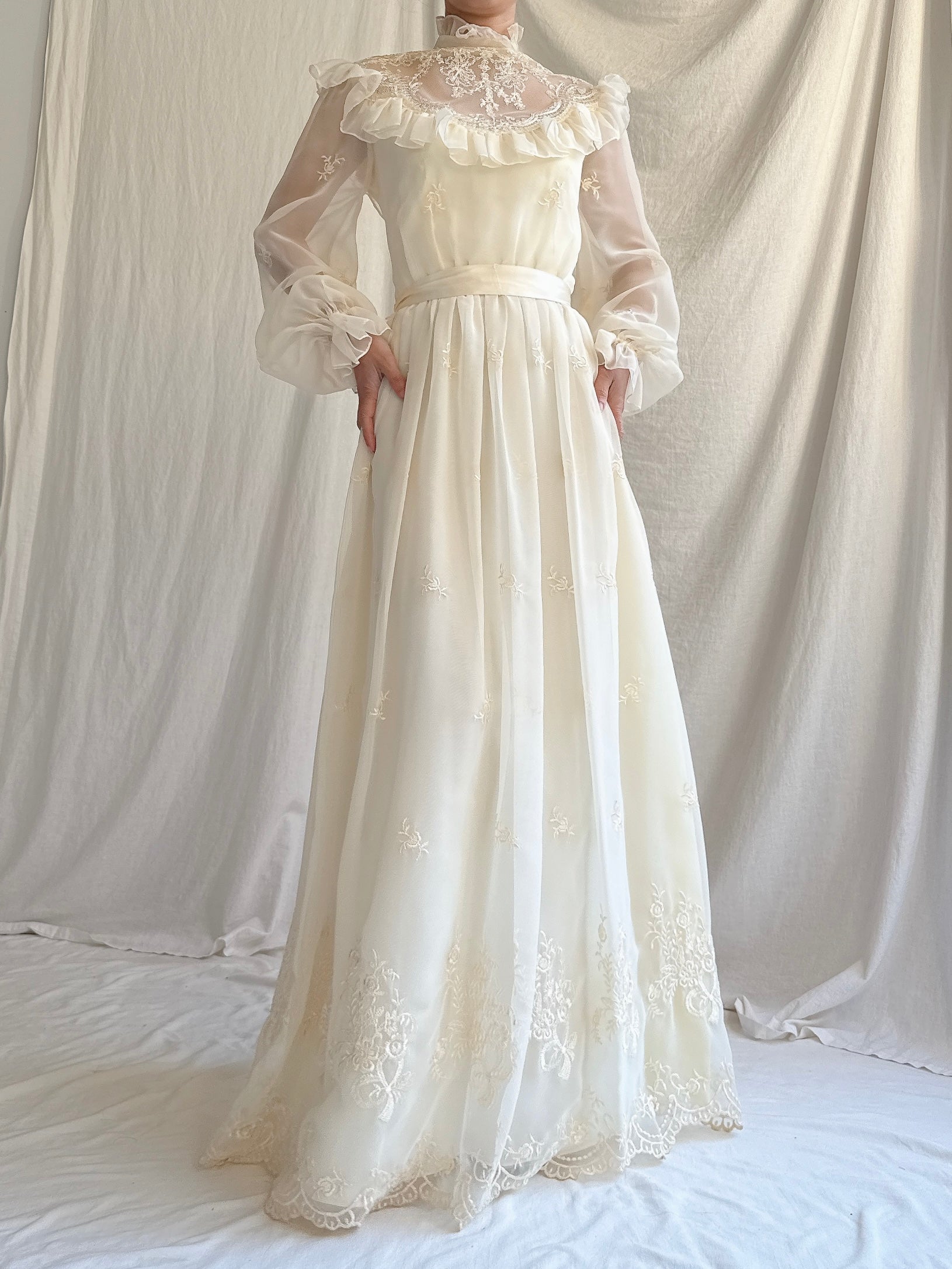 1980s Chiffon Embroidered Dress - XS/S