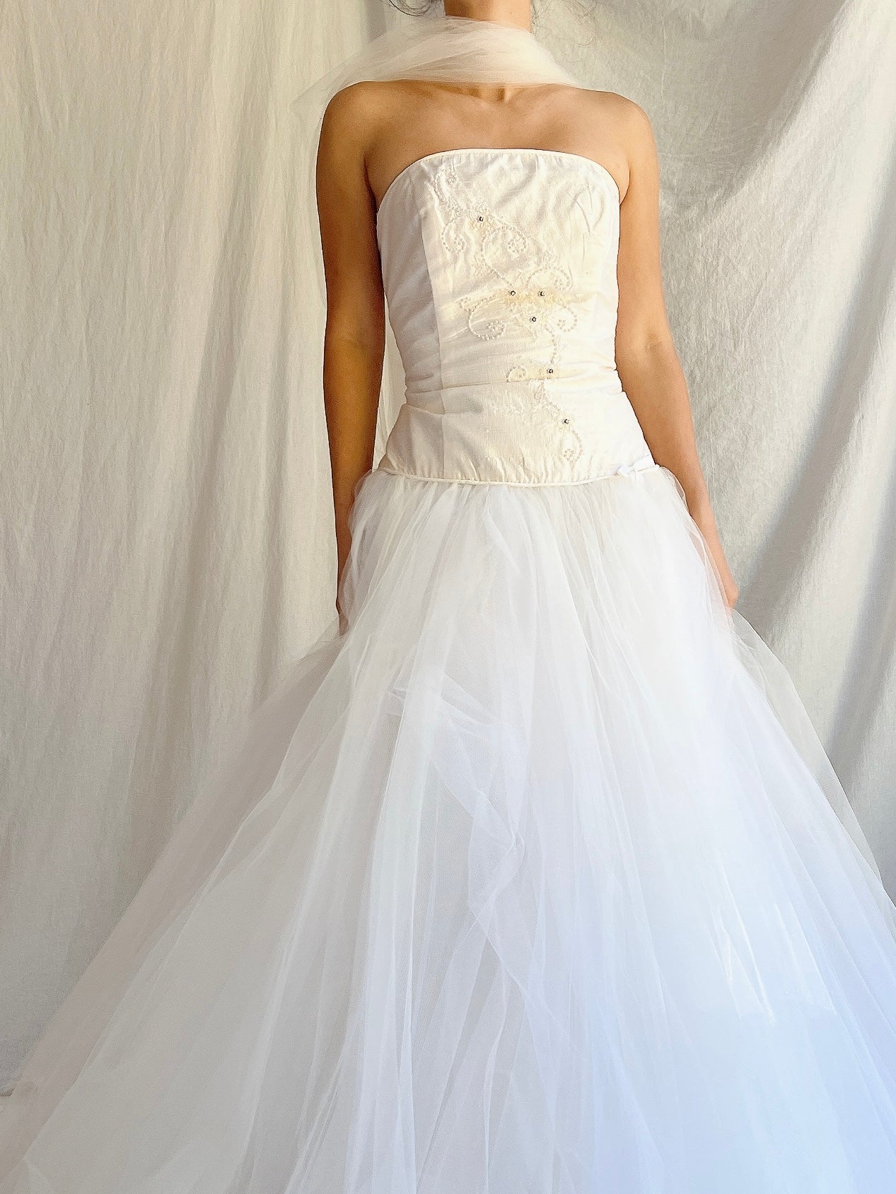 Vintage Silk Dropped Waist Tulle Gown - S