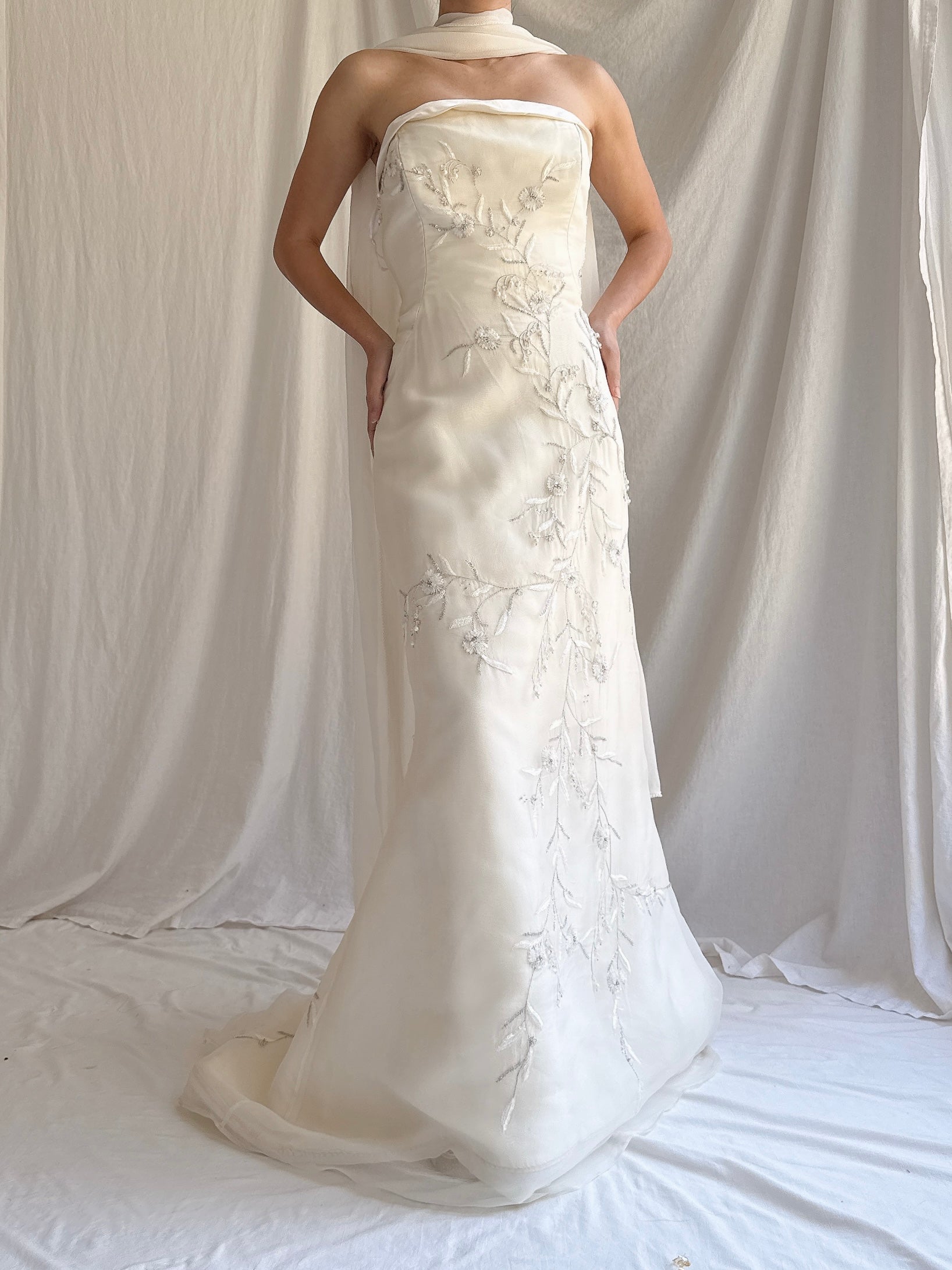 Vintage Lazaro Silk Strapless Lily-of-the-Valley Gown - M 6/8
