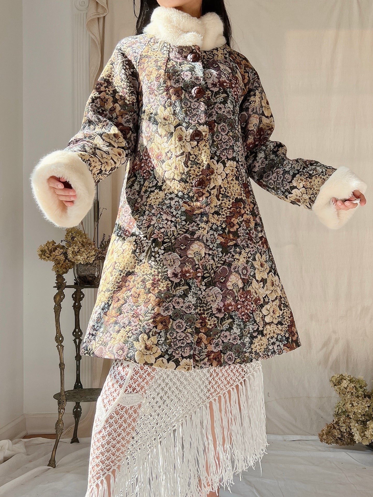 Vintage Tapestry Coat with Faux Fur Trim - S/M