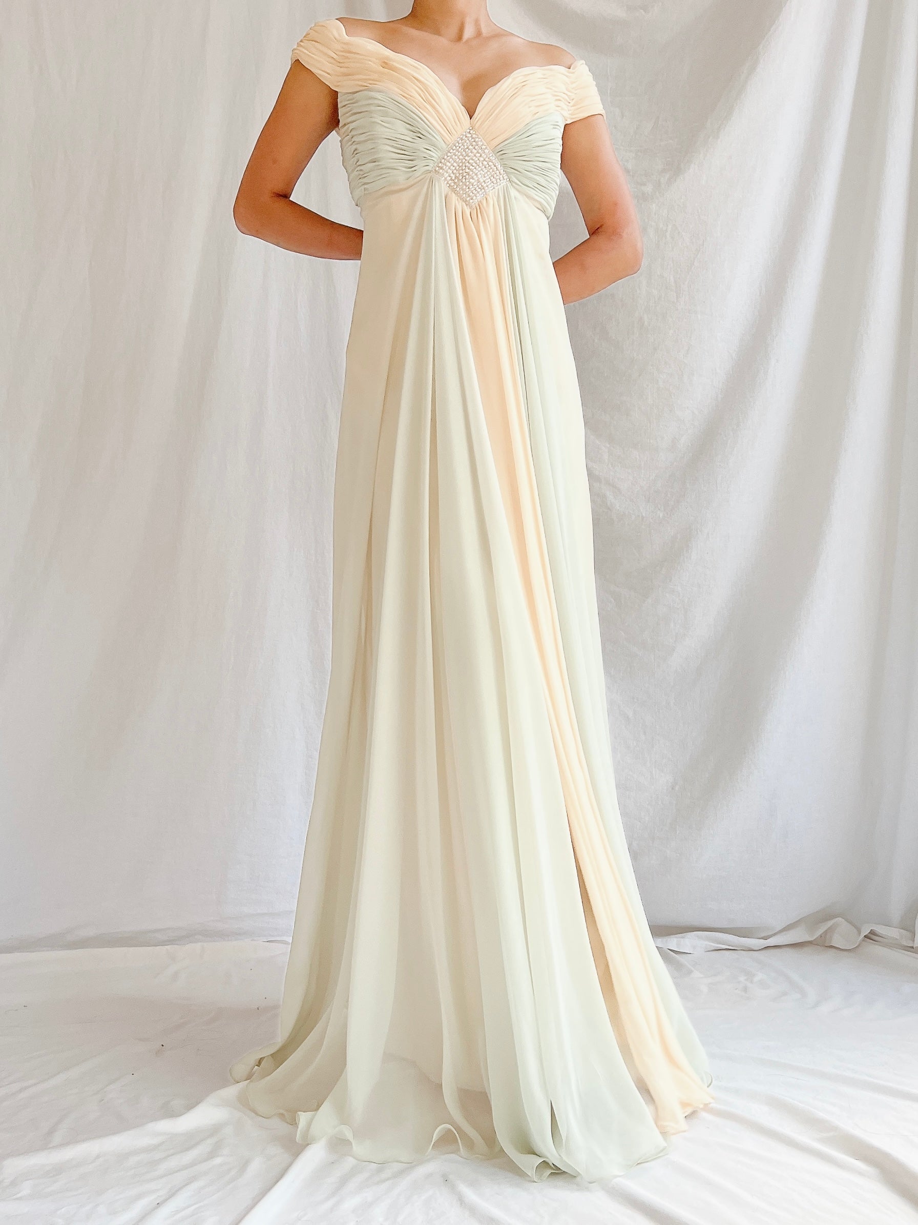 Vintage Rose Taft Seafoam/Butter Yellow Chiffon Gown - S/6