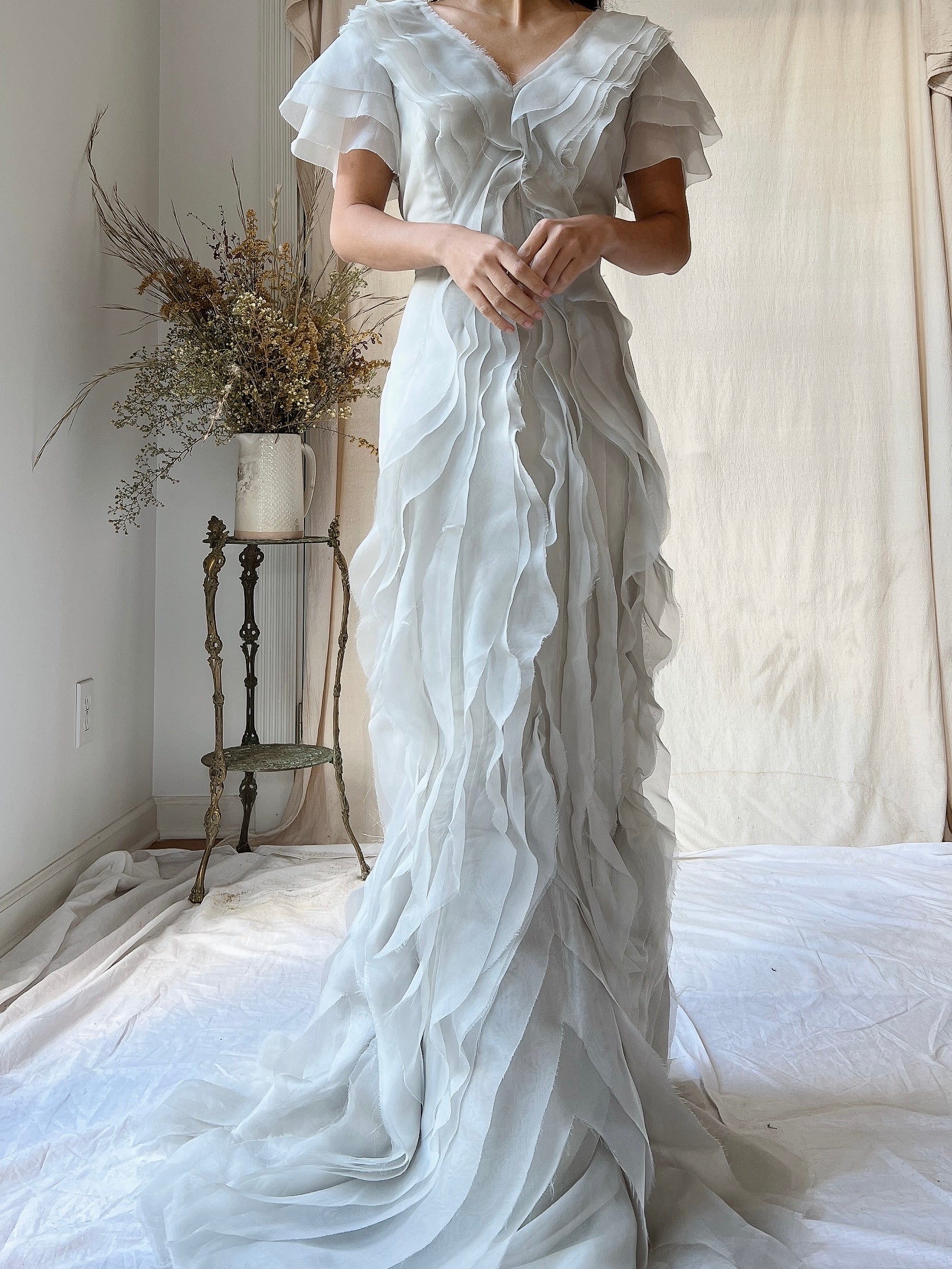 Vintage J. Mendel Smoke Gray Silk Organza Ruffle Gown - M/L 8/10