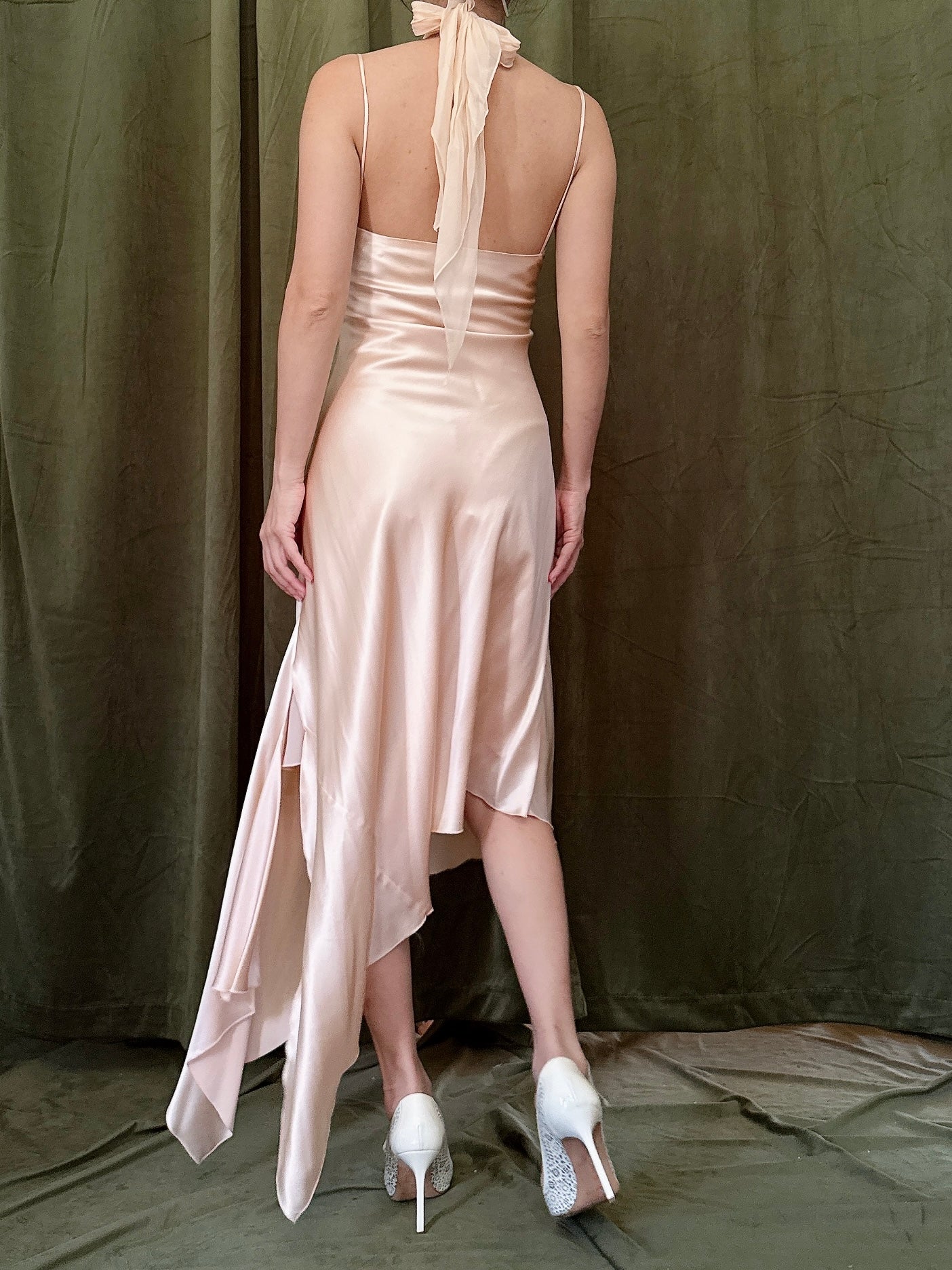 Vintage Peach Silk Halter Dress - M