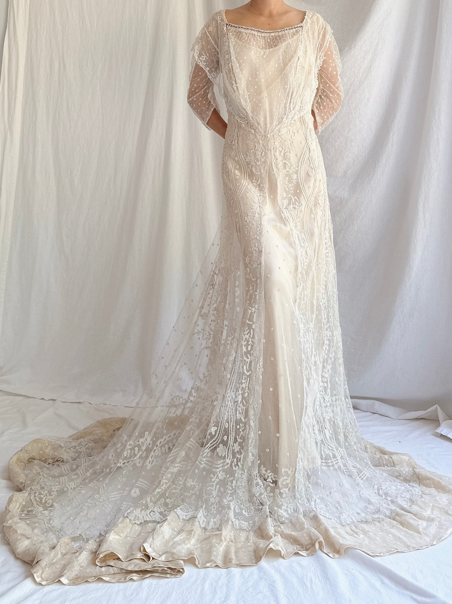 Antique Duchesse Lace Gown with Silk Slip - S