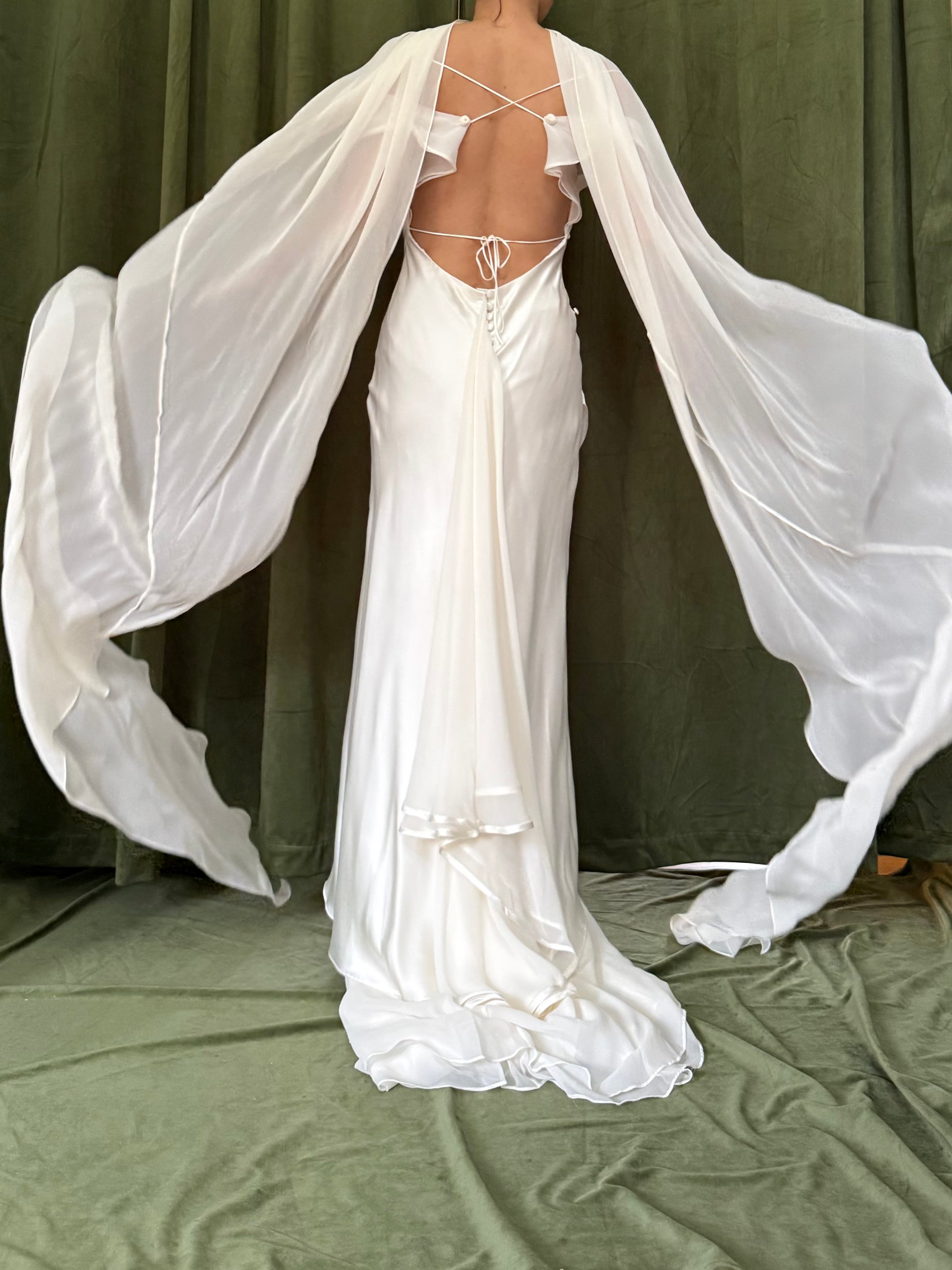 1990s Silk Chiffon Charmeuse Gown w/Scarf - M