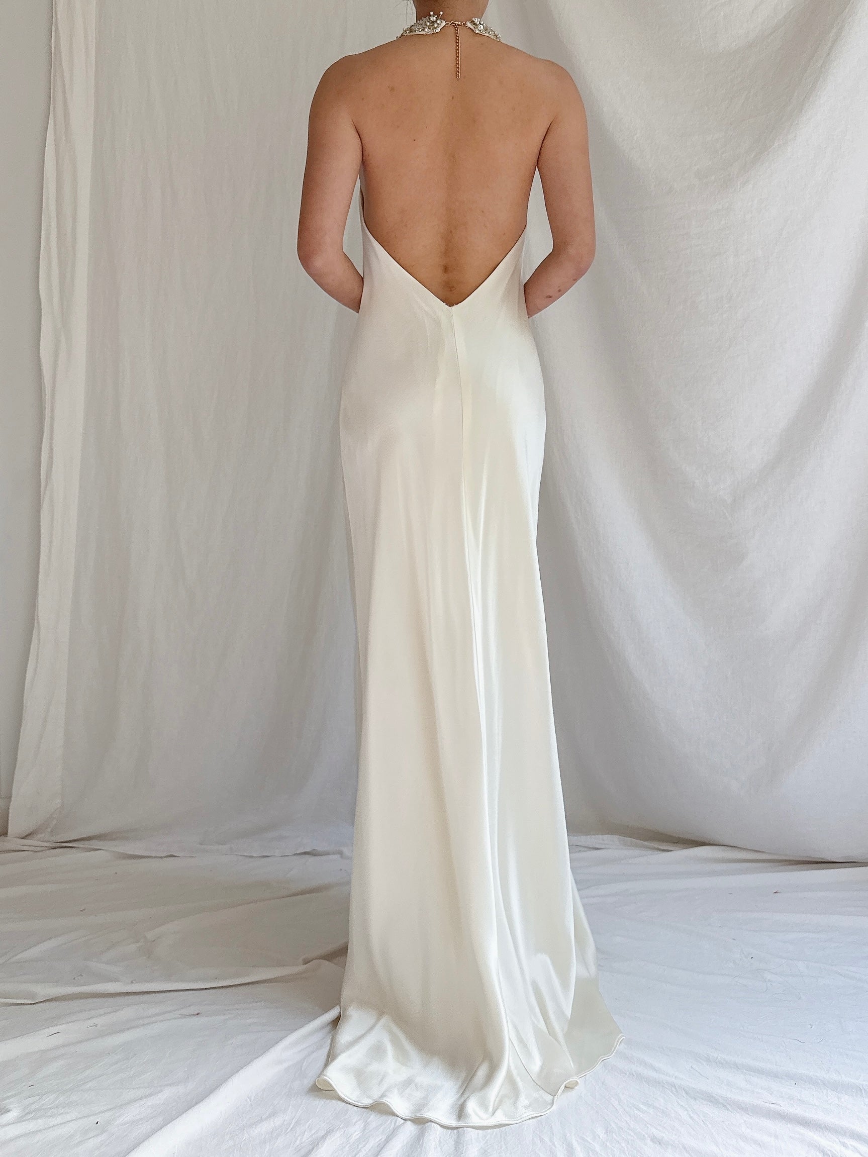 Vintage Satin Beaded Collar Gown - M