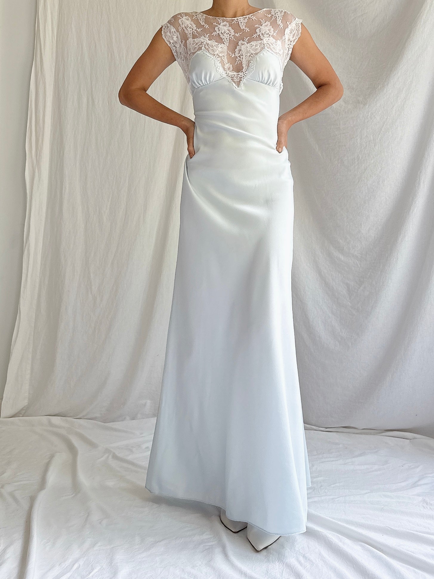 1980s Light Blue Nylon Lace Dress - M