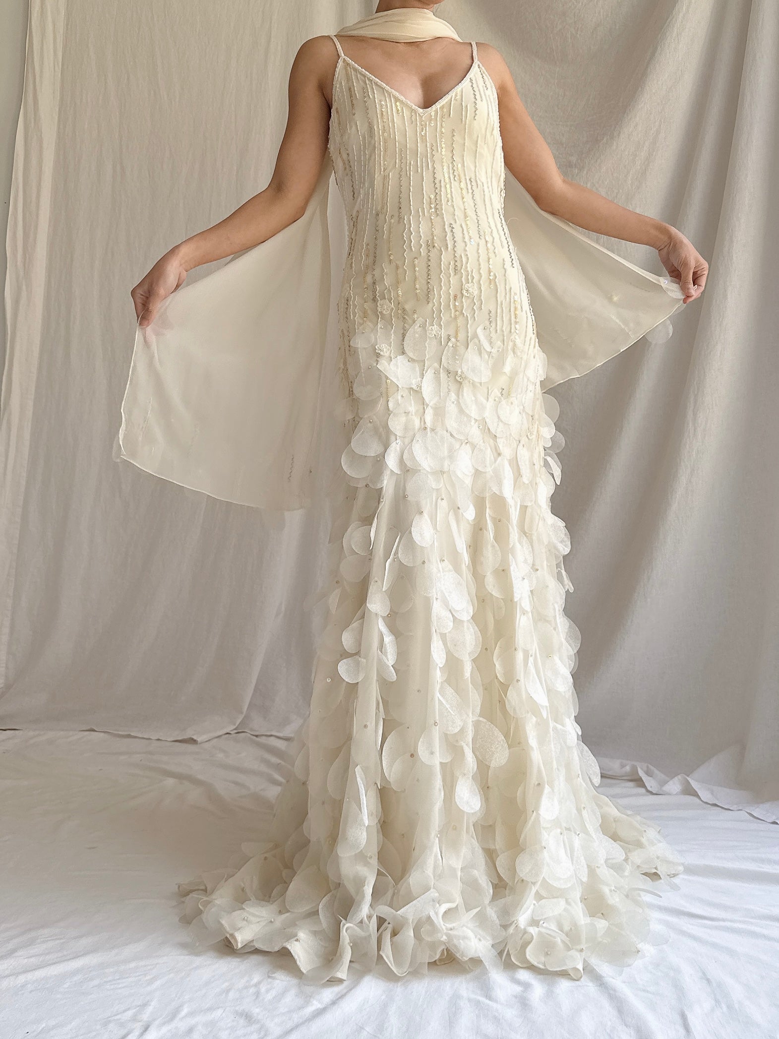 Vintage Ivory Silk Chiffon Gown with Shawl - S/M