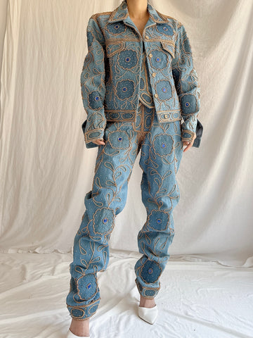 Vintage Eavis and Brown Wood-Embroidered Denim Set - M