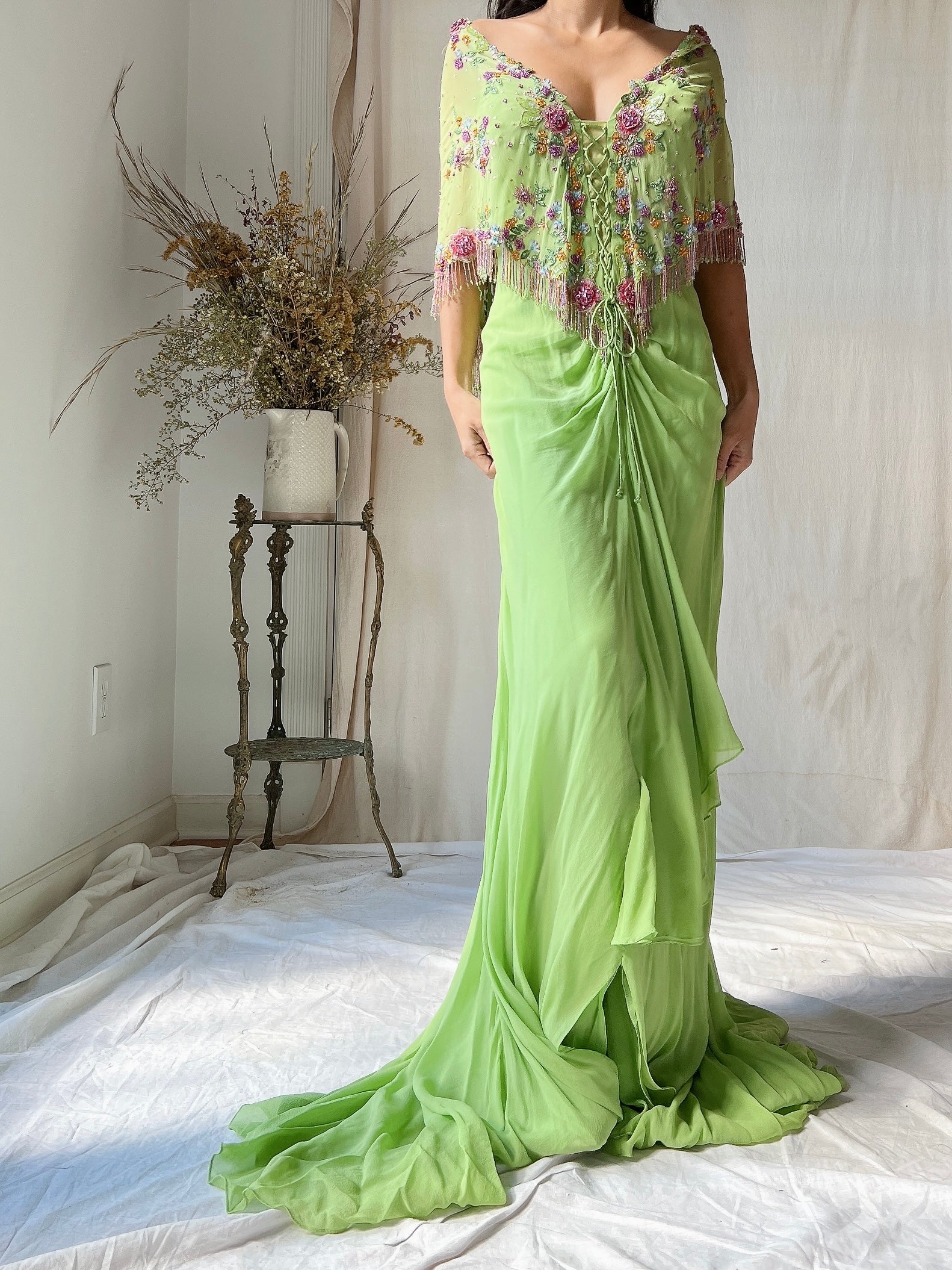 Vintage Chartreuse Belleville Sassoon Silk Cape Dress - XL/UK18