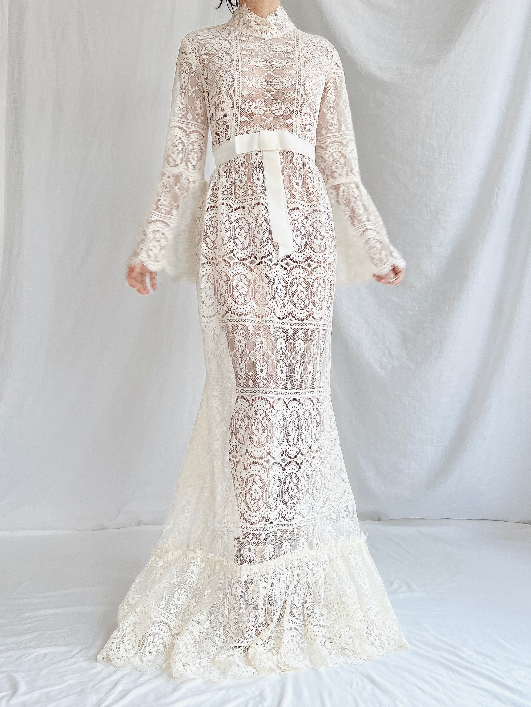 1970s Sheer Filet Lace Gown - M