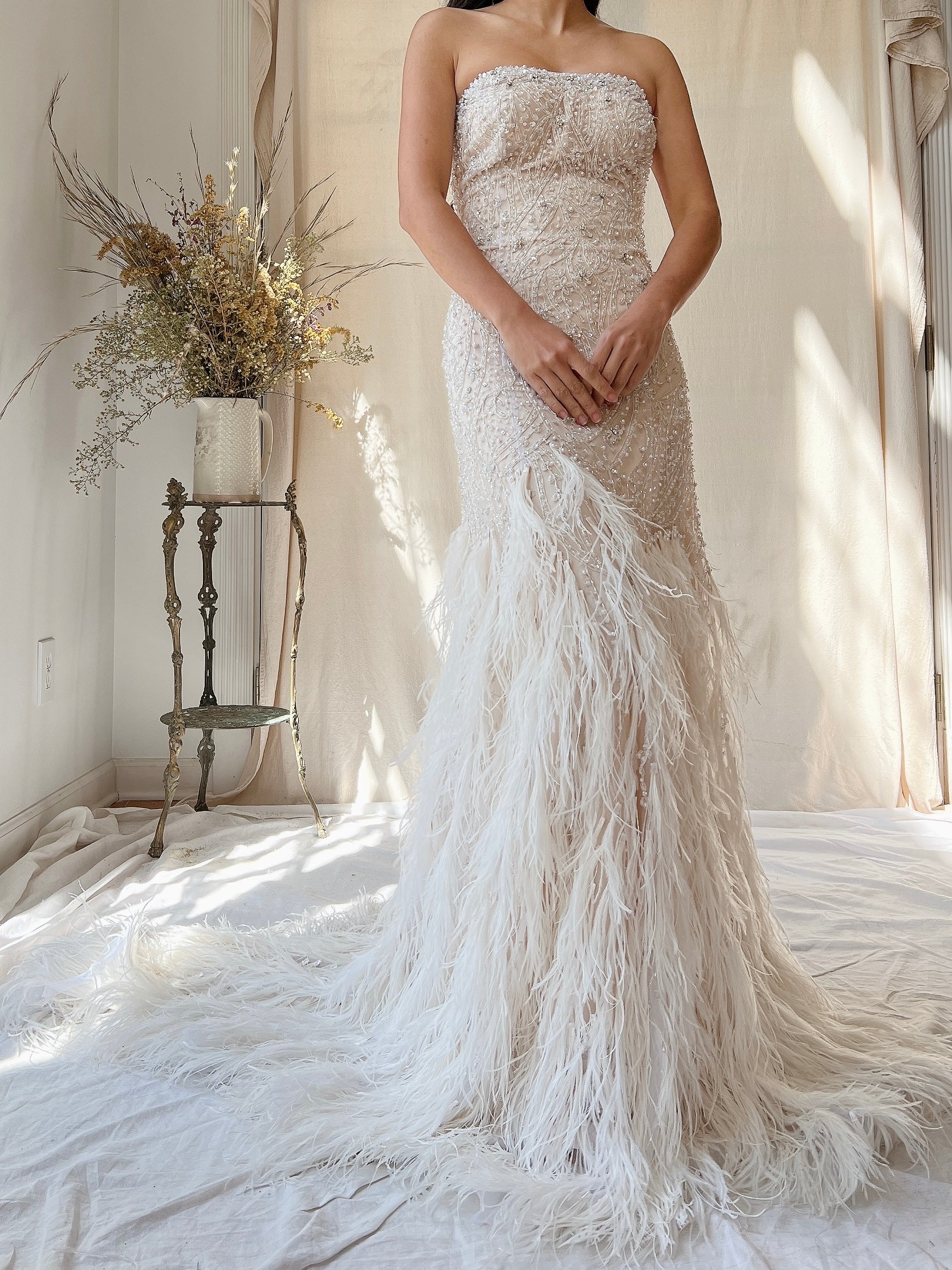 1990s Glass Crystals Ostrich Feather Trained Gown - M