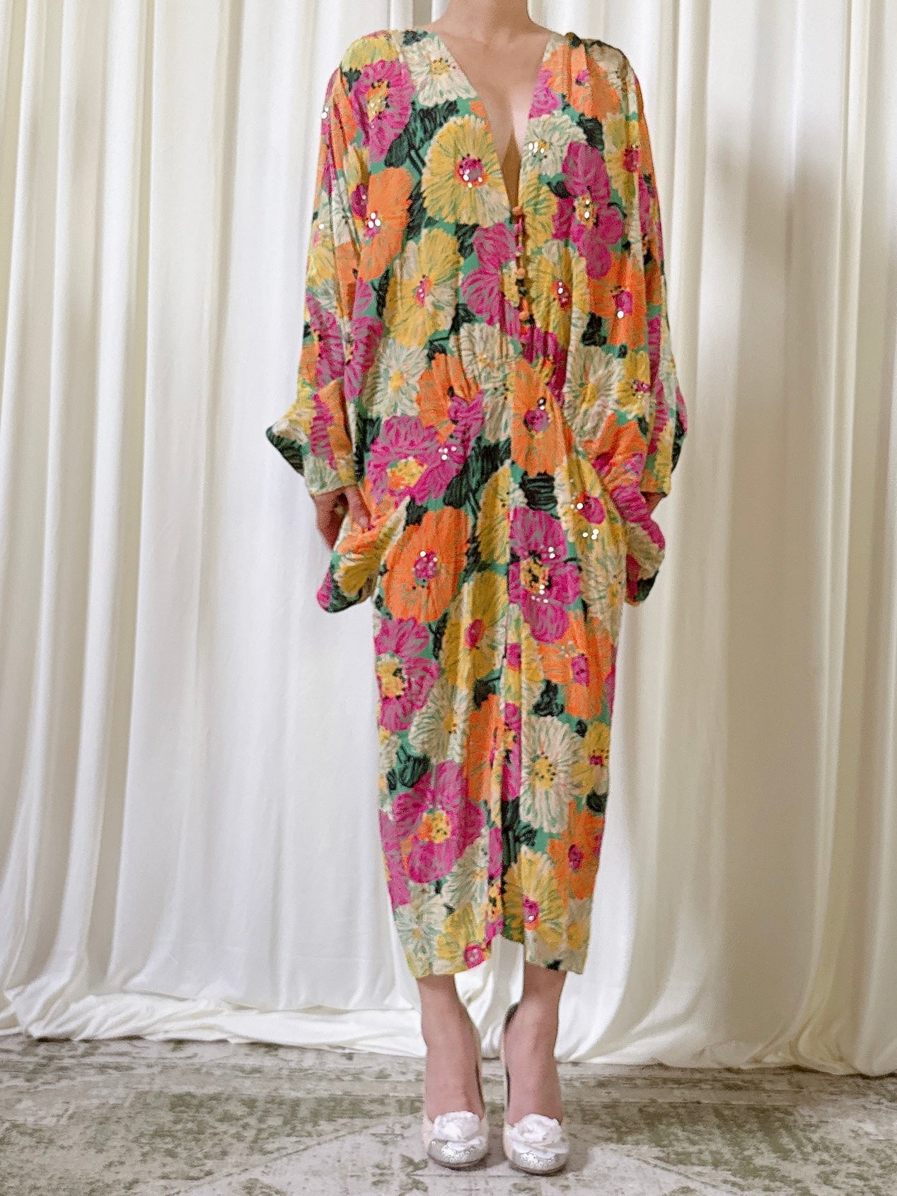 1980s Silk Floral Dress - M