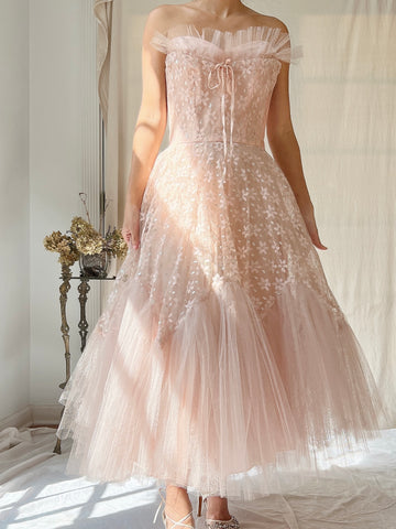 1950s Dusty Pink Tulle and Lace Dress - XS