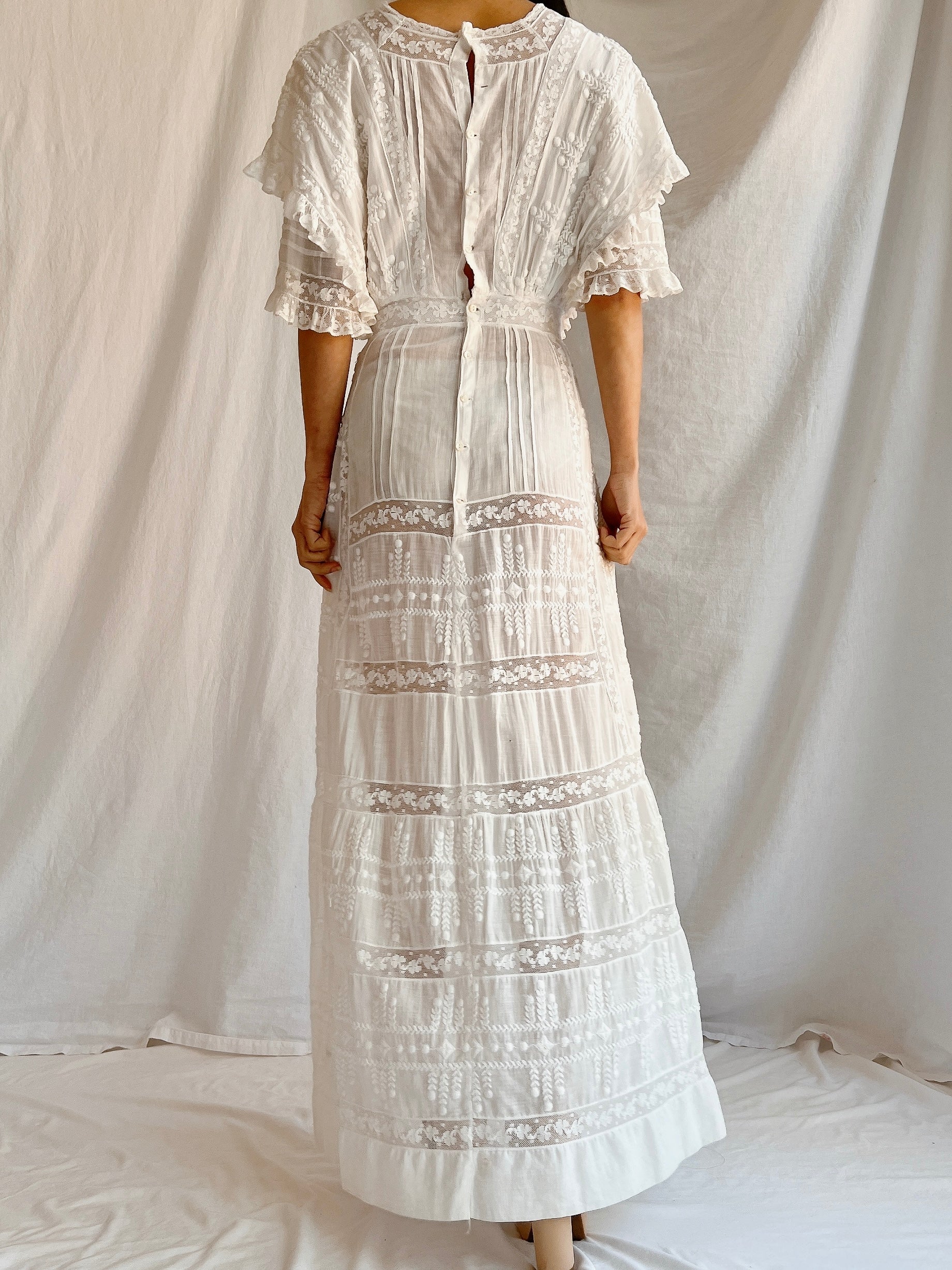 Edwardian Cotton Draped Bodice Lawn Dress - XS