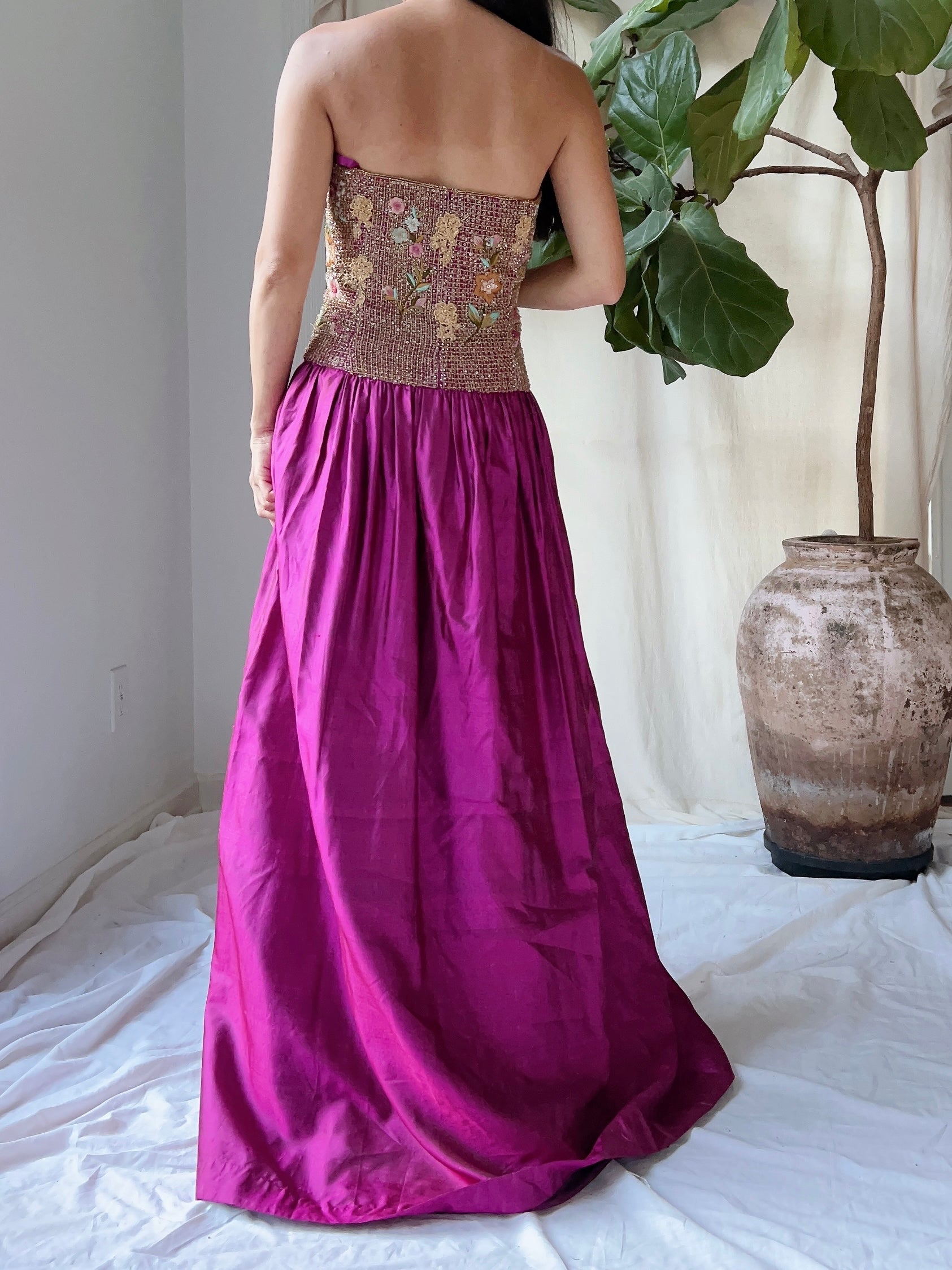 Vintage Embroidered Silk Dress - M