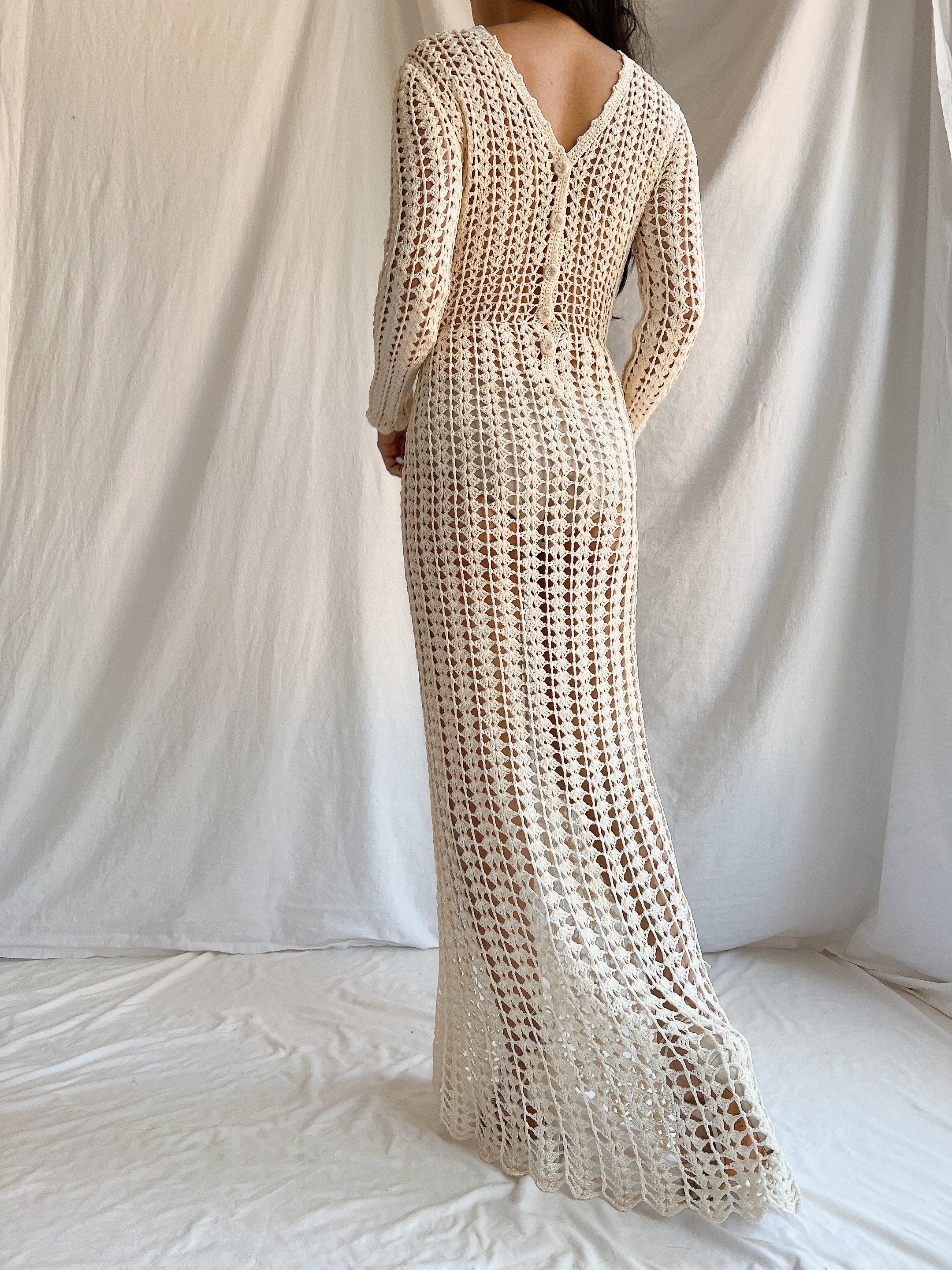 1970s Reversible Crochet Long Sleeve Dress - S