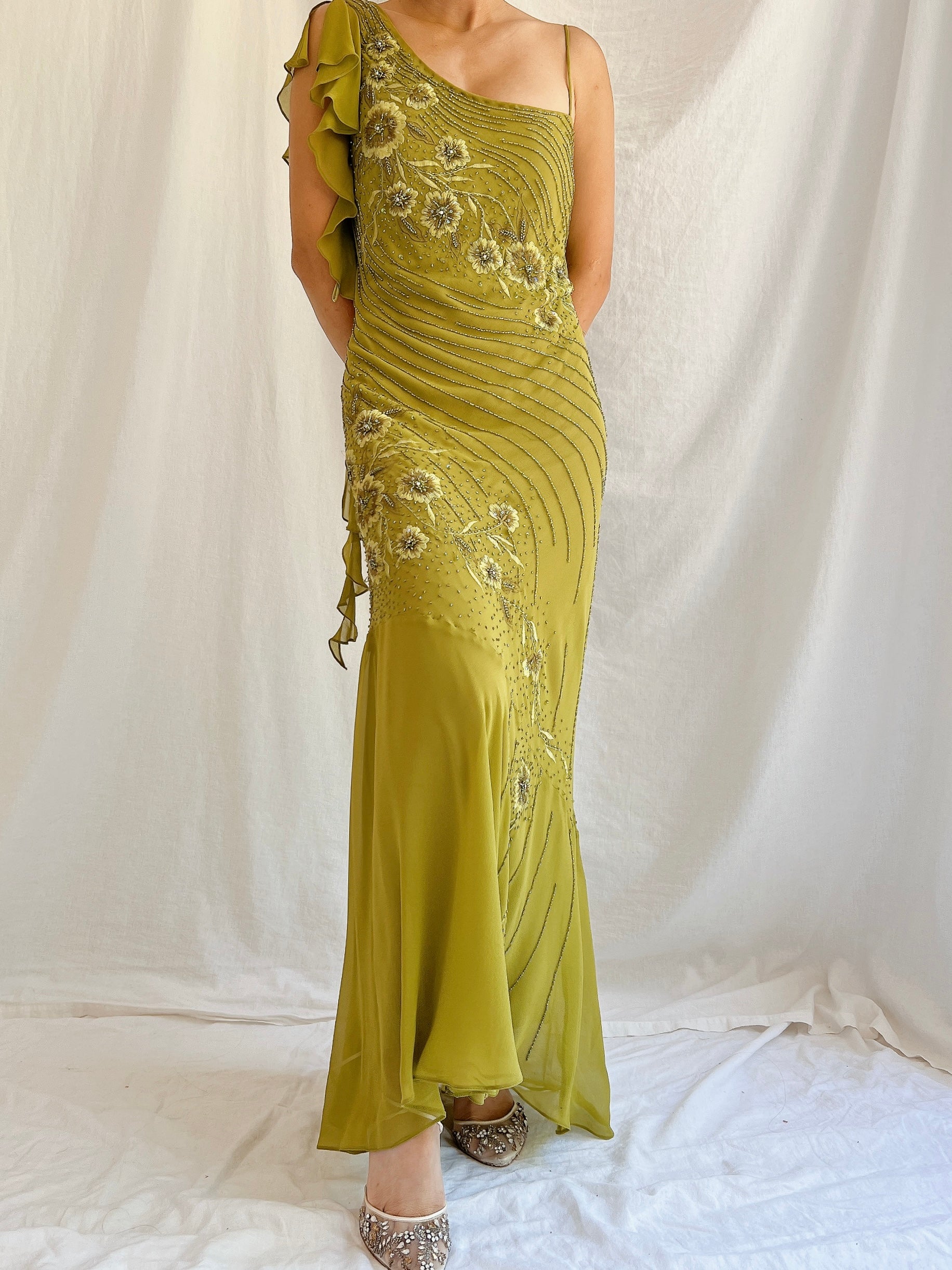 Vintage Bias Cut Moss Green Silk One Shoulder Dress - M