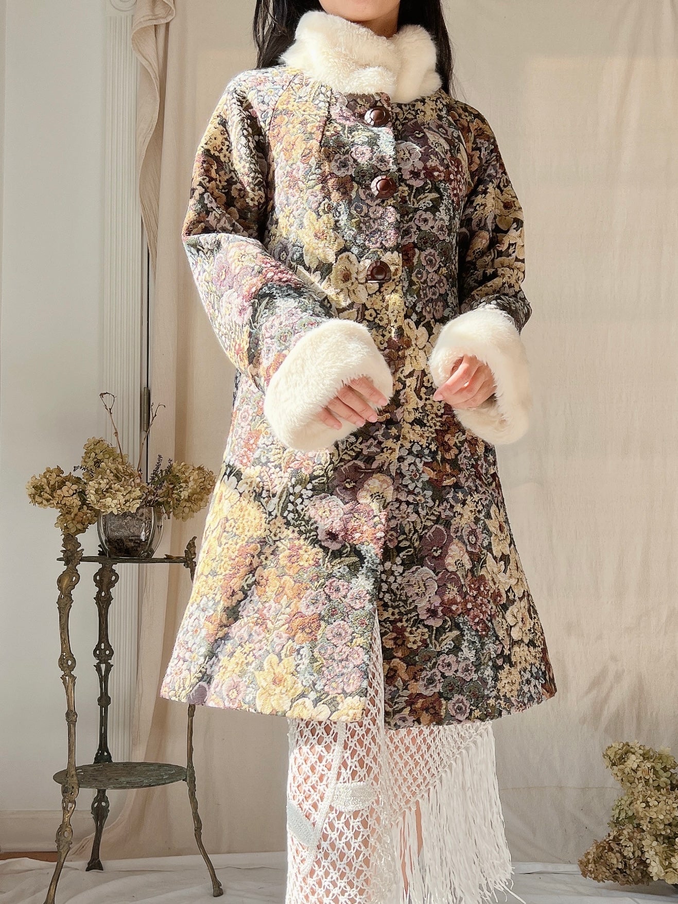 Vintage Tapestry Coat with Faux Fur Trim - S/M