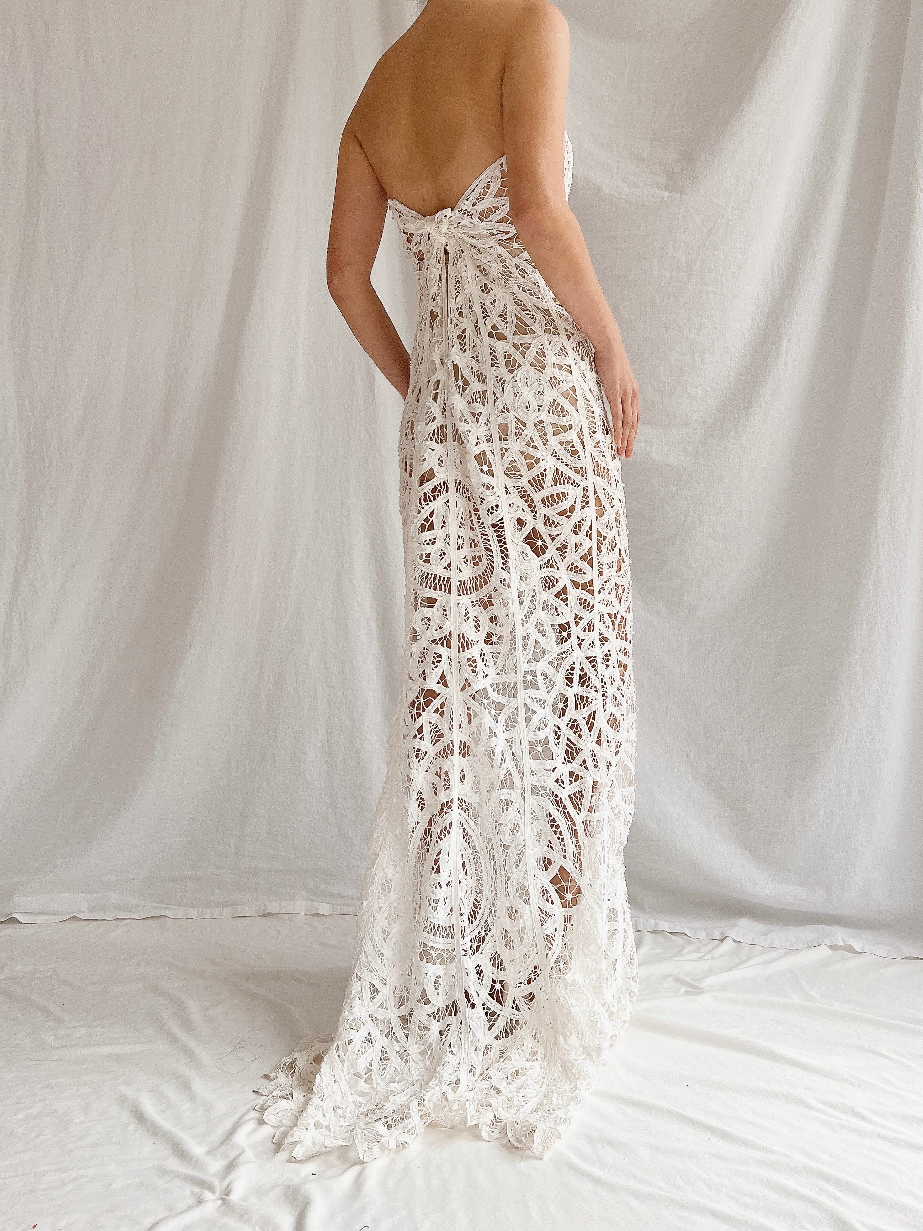 Vintage Sheer Tape Lace Strapless Gown - S