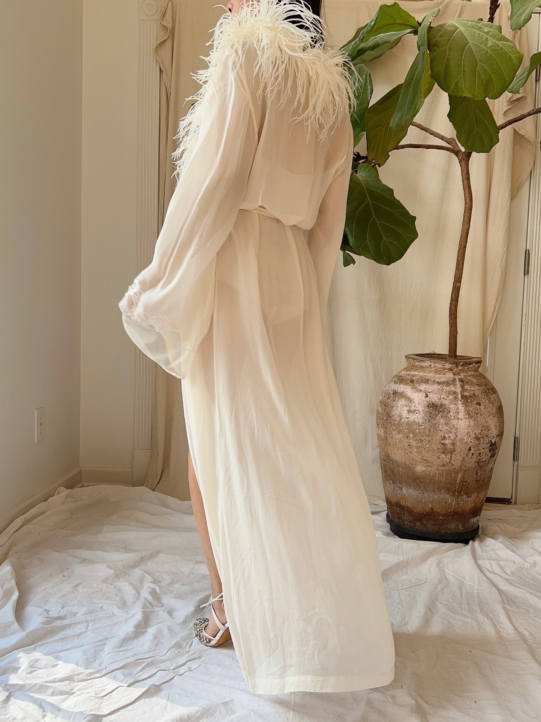 Vintage Silk Chiffon Feather Robe - S-M