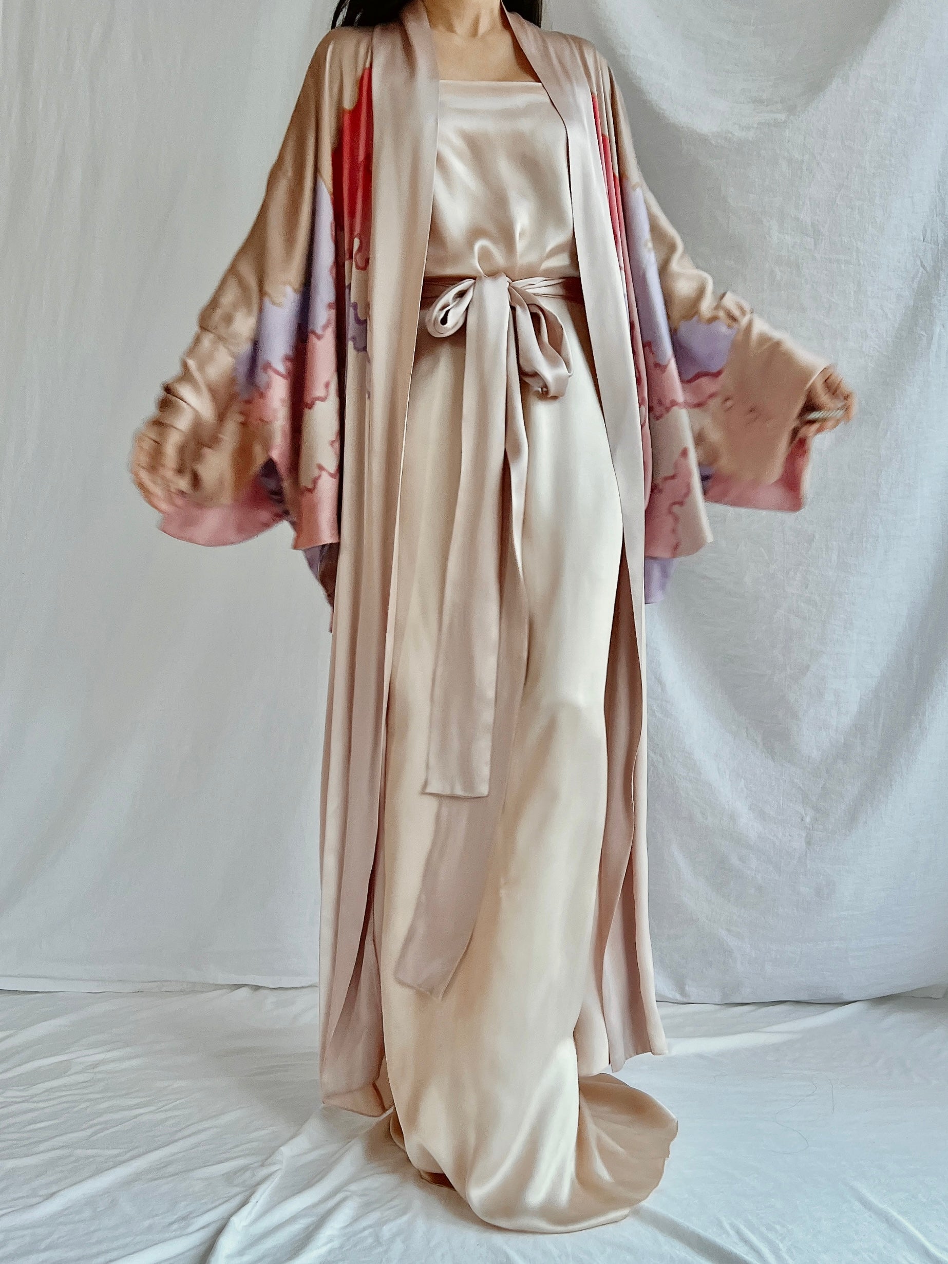 Vintage Silk Painted 2 Piece Gown Set - M/L
