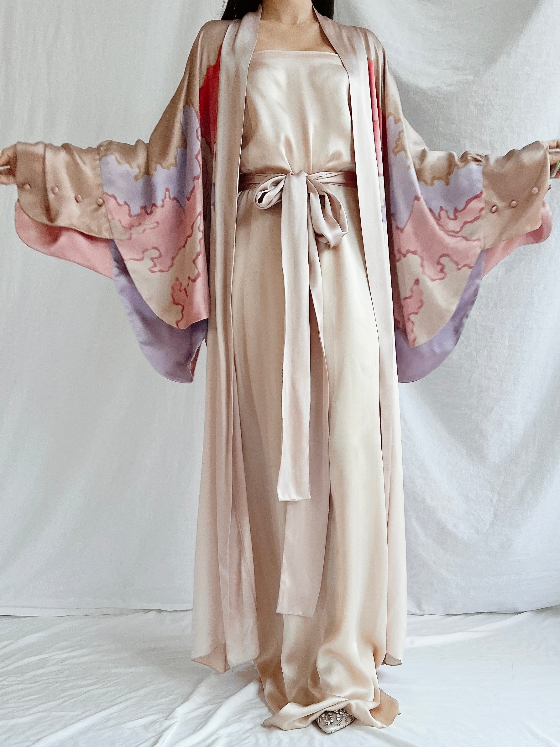 Vintage Silk Painted 2 Piece Gown Set - M/L