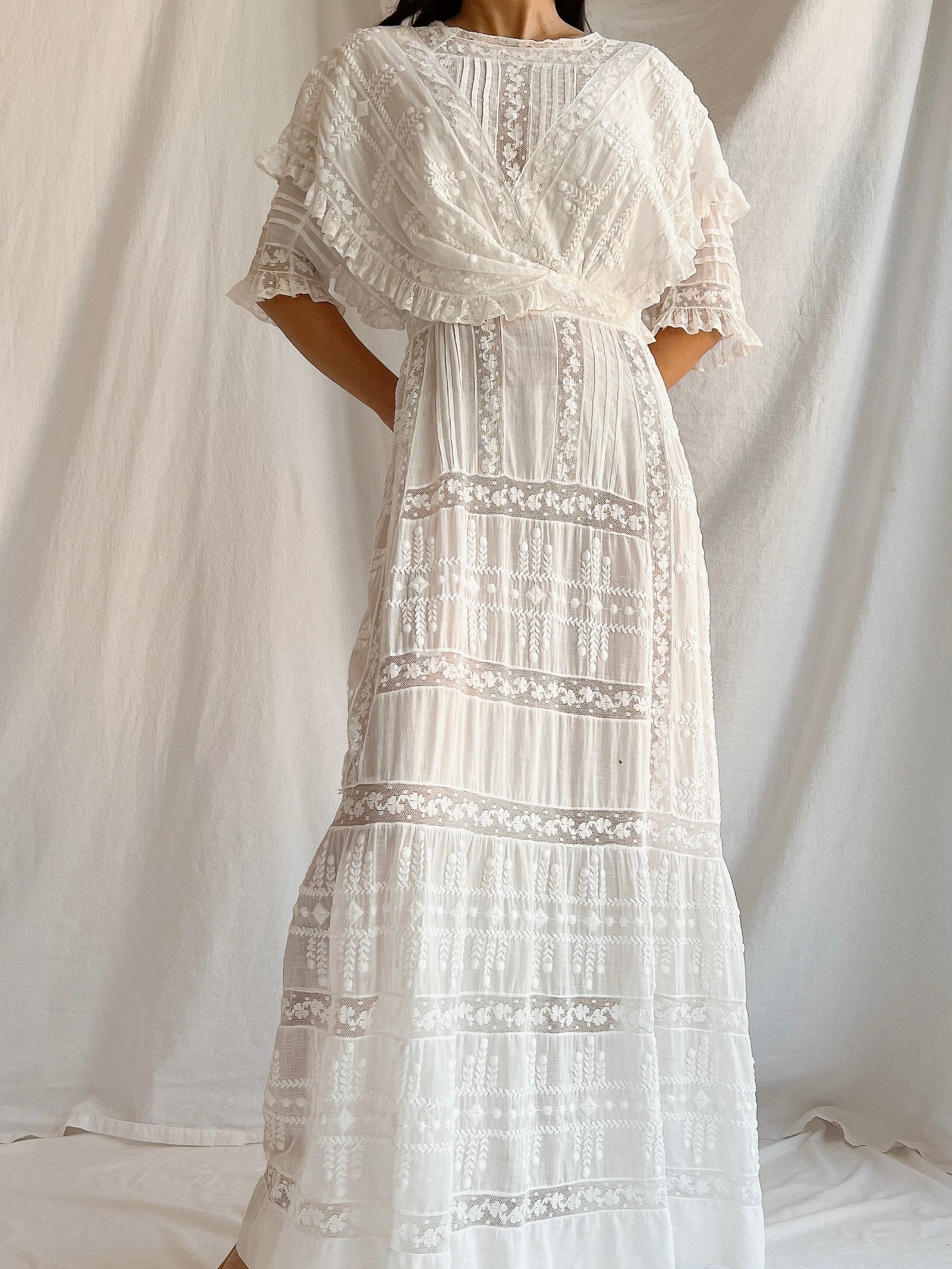 Edwardian Cotton Draped Bodice Lawn Dress - XS
