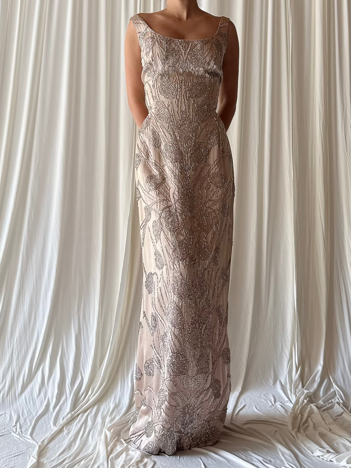 1960s Dusty Pink Silk Beaded Gown - S/M