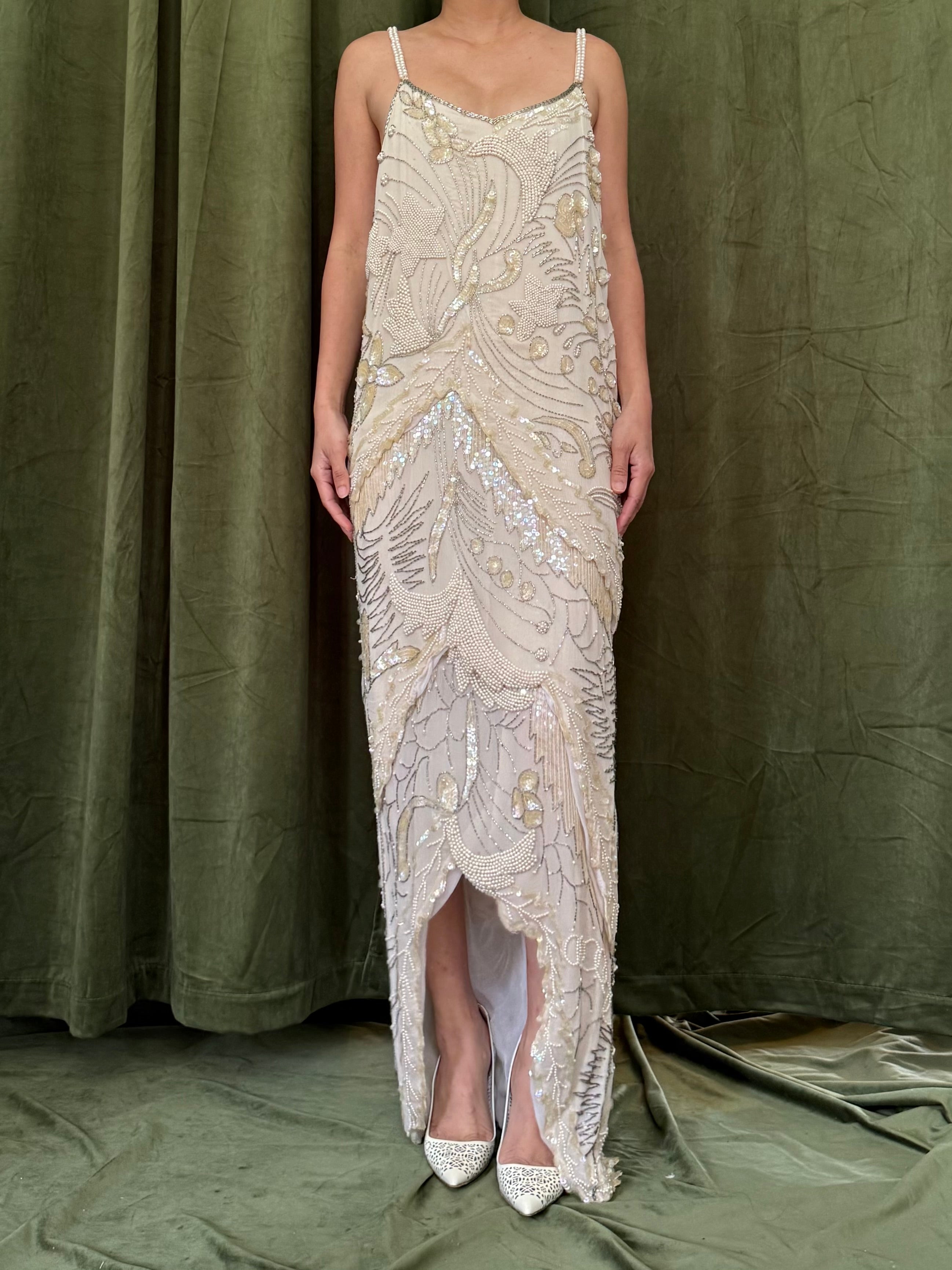 Vintage Silk Chiffon Beaded Gown - M
