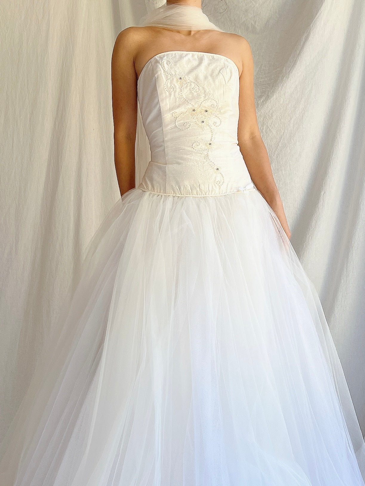 Vintage Silk Dropped Waist Tulle Gown - S